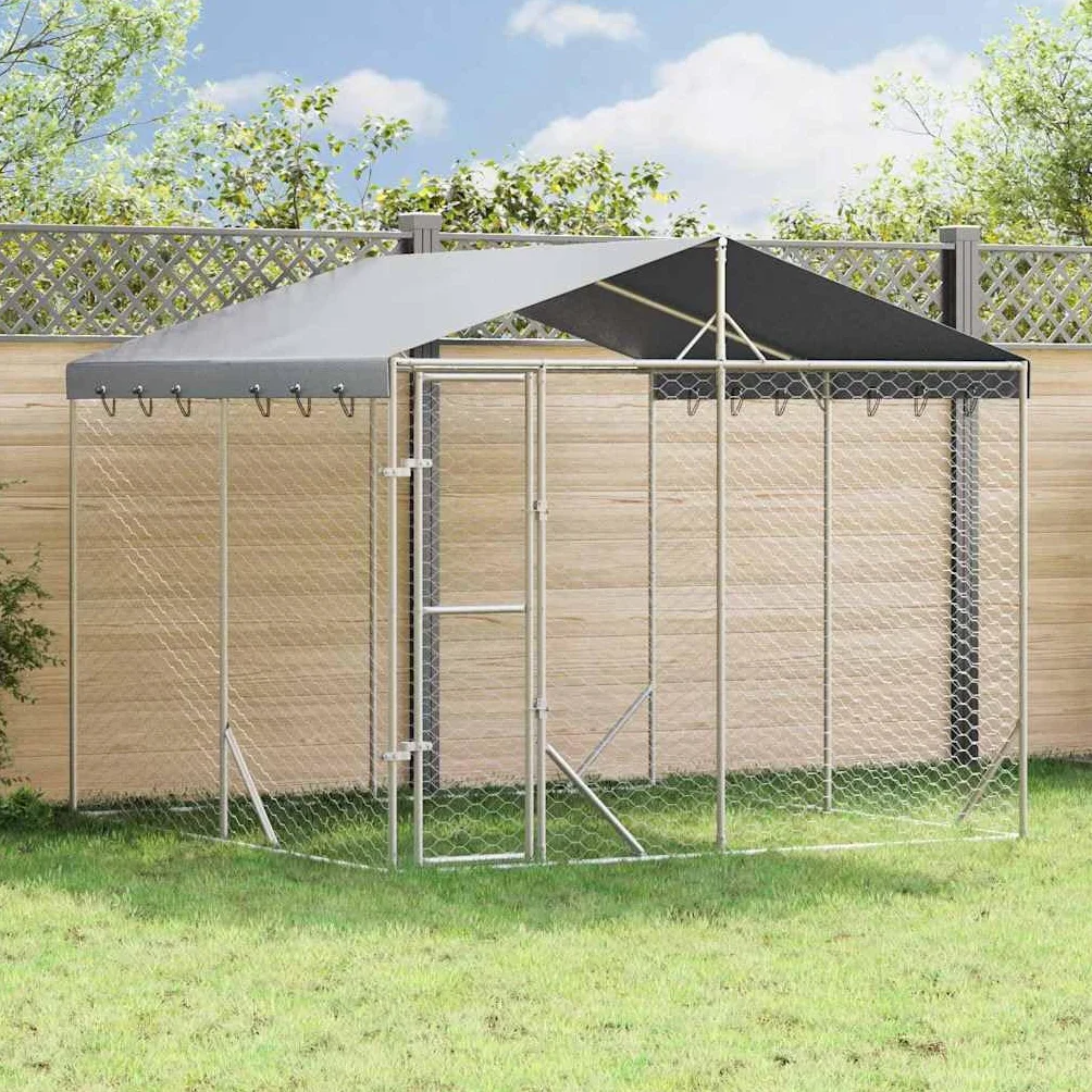 Cuccia per cani con tetto argentato, 3 x 3 x 2,5 m, per cuccioli | Ampio spazio per piccoli animali in giardino: robusta recinzione in rete metallica con tetto parasole in PE e porta