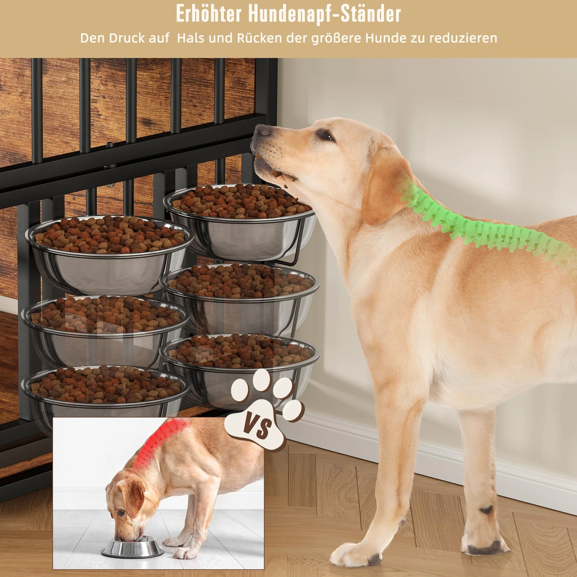 Gabbia per cani per la casa, 100 x 60 x 85 cm, gabbia per cani in legno con ciotole orientabili, cuccia in stile mobili con spazio per cani fino a 35 kg