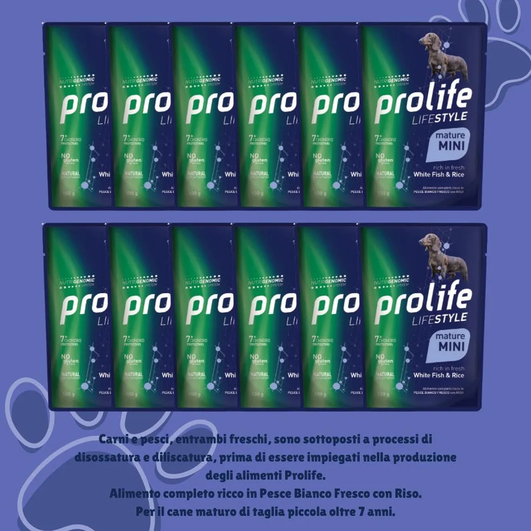 Prolife Umido Cane Mature Small Mini Lifestyle 100gr, alimento completo per cani anziani di tutte le taglie gusto PESCE BIANCO e RISO | 12 bustine da 100 grammi l’una.