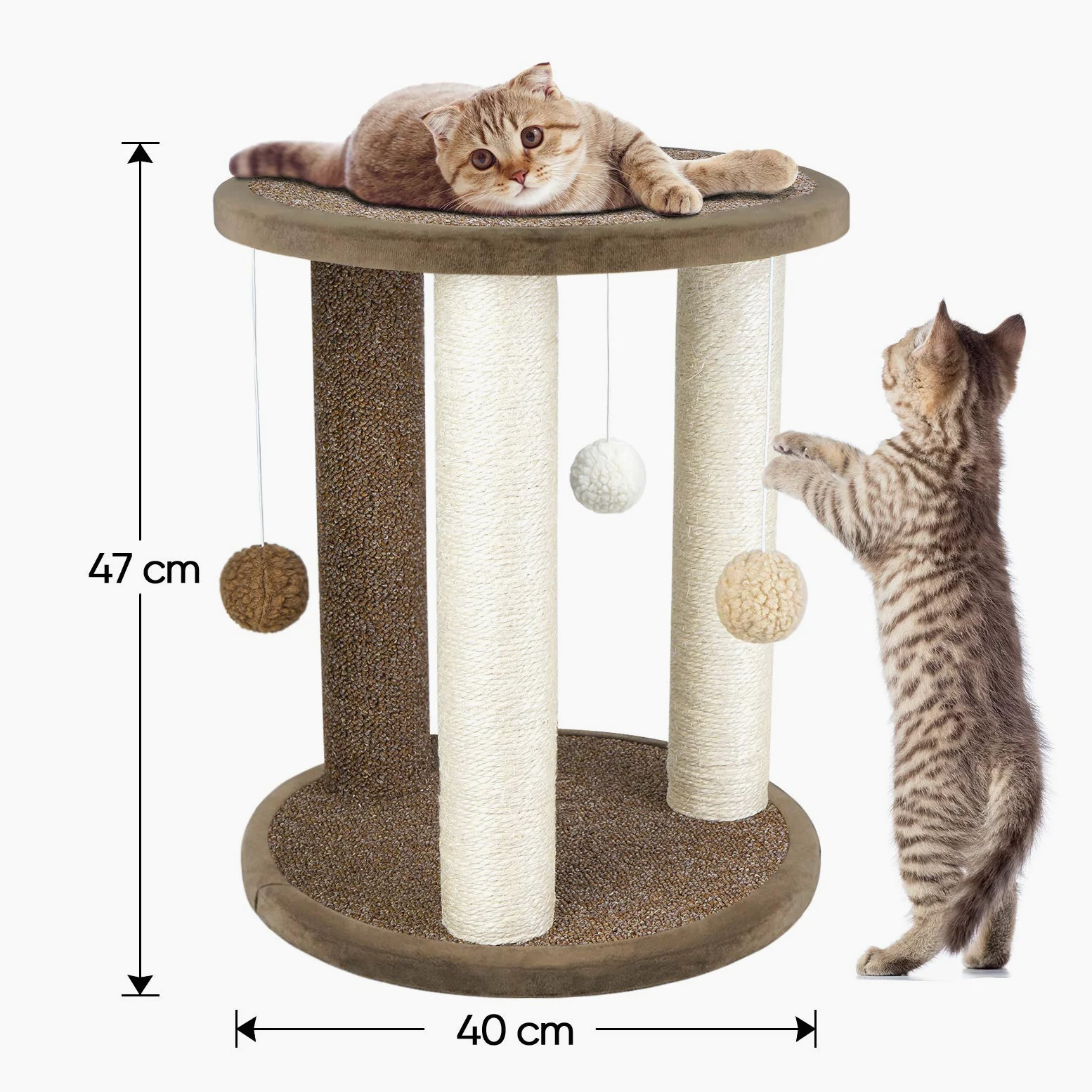 Aibuddy Tiragraffi per gatti, torre tiragraffi con 3 pali tiragraffi, area giochi con base in moquette e posatoio (giocattoli interattivi per gatti, palla pendente, montaggio orientale, 40 x 40 x 47