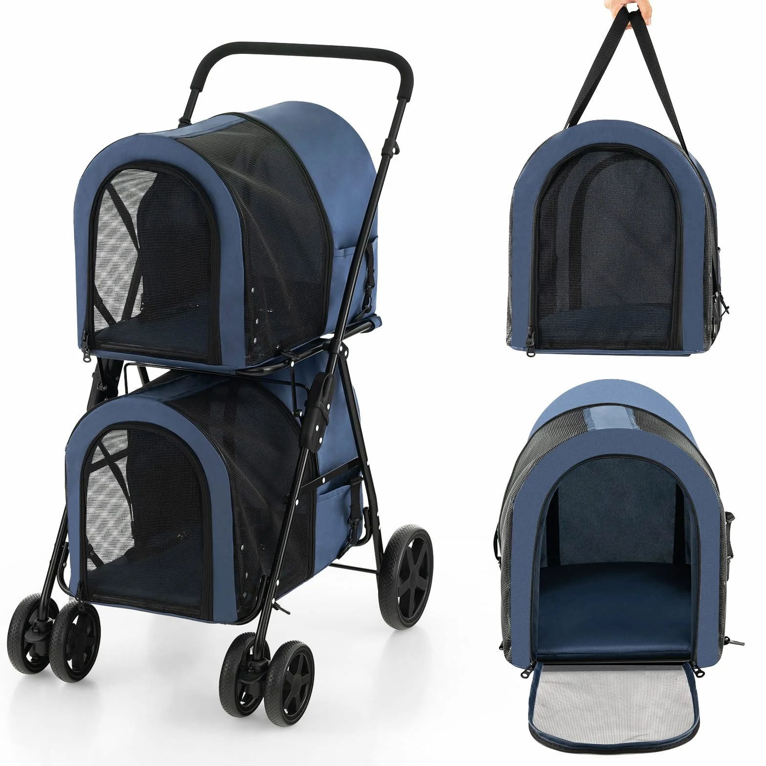 COSTWAY Passeggino per Cani Pieghevole, Carrozzina per Cani Multifunzionale 4 in 1 a Doppio Livello, Passeggino Smontabile con Ruote, Ideale per Passeggiata Viaggio e Shopping (Blu)