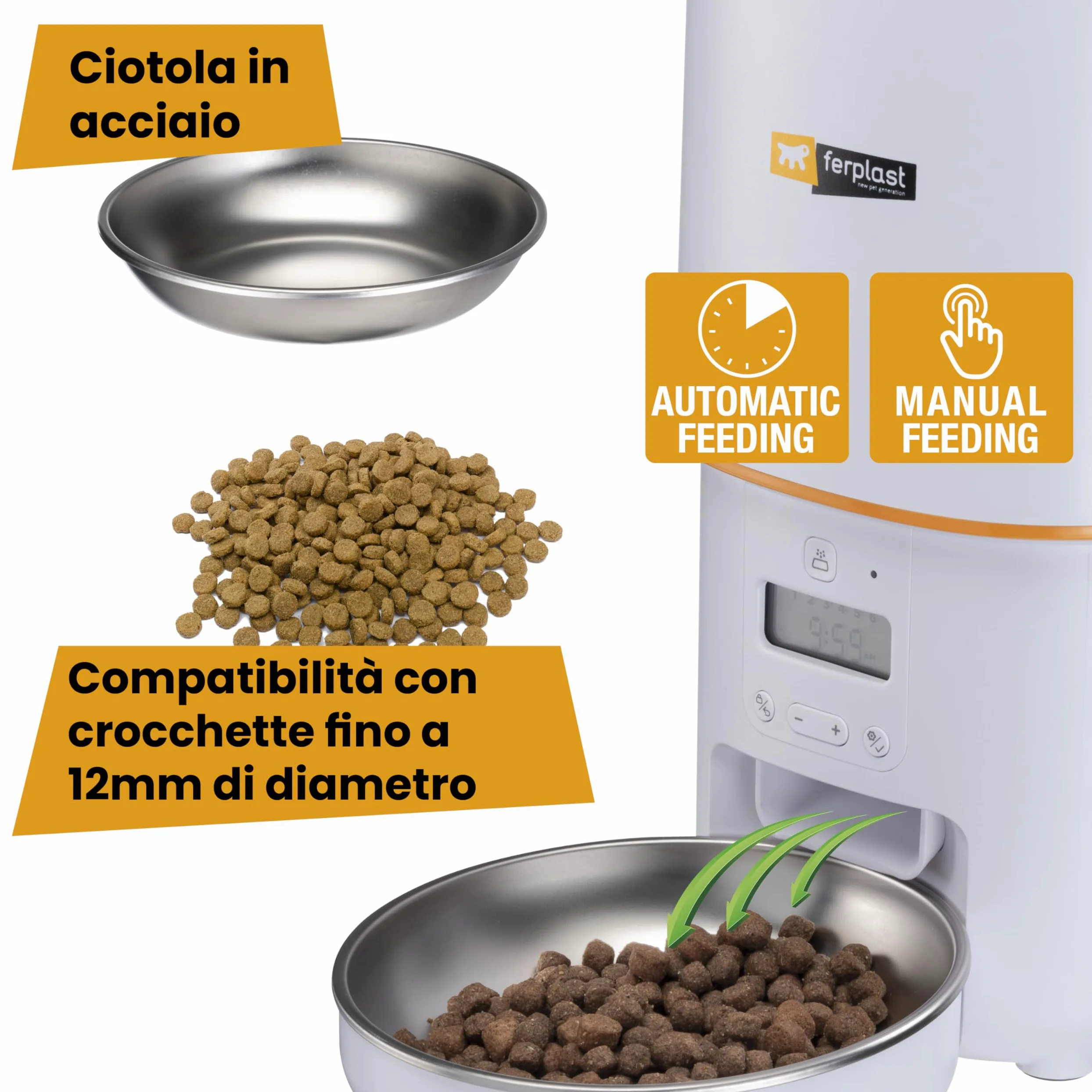 Ferplast Distributore Automatico Cibo Gatti e Cani, 4L, Programmabile Fino a 6 Pasti al Giorno e 16 Dosaggi, Doppia Alimentazione Batterie e Spina, Essiccante Controllo Umidità, Ciotola Acciaio Inox