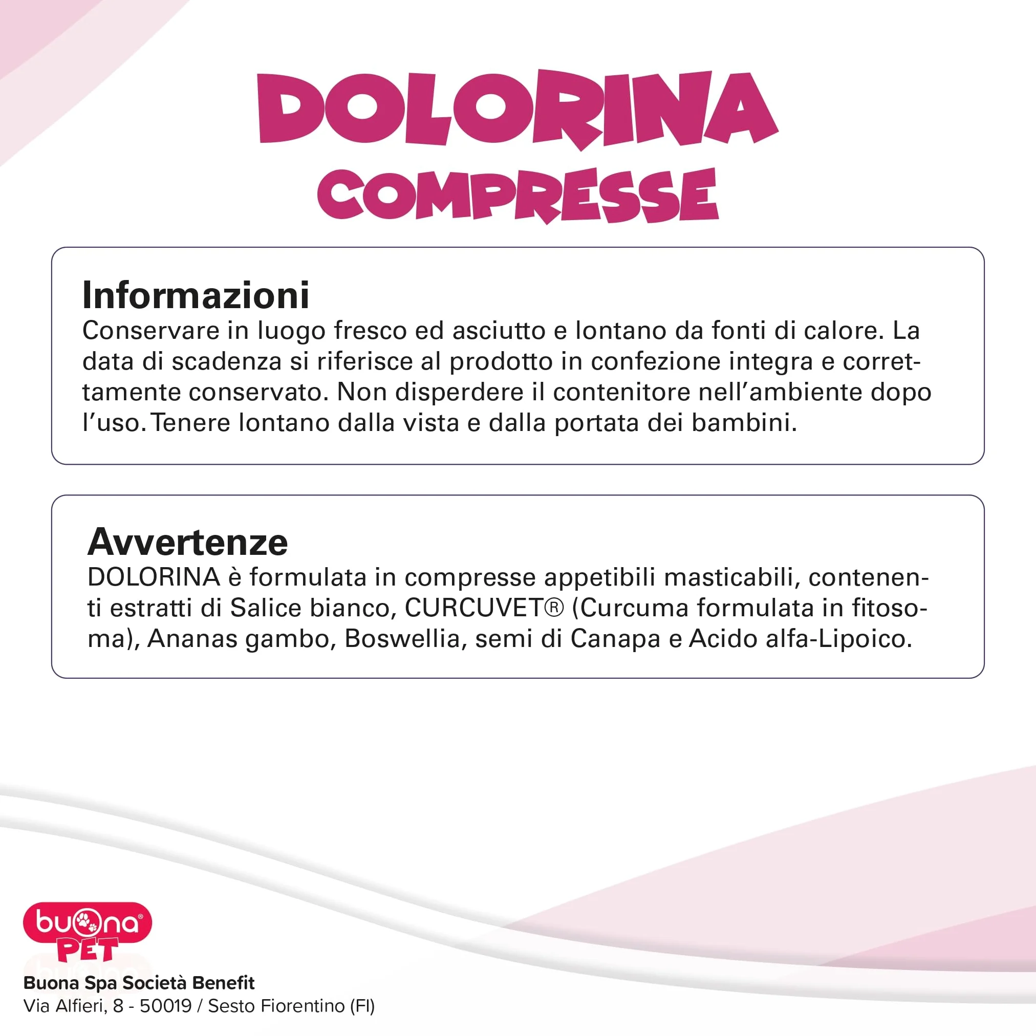 Dolorina Buona Pet Mangime Complementare per Cani e Gatti Con Boswellia, Salice Bianco, Acido Alfa Lipoico, Semi di Canapa e Ananas, Supporto alla Funzione Nocicettiva, 100 Compresse Appetibili