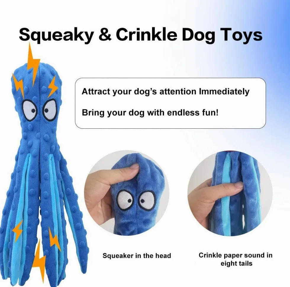 USB Squeak Dog Toy Octopus-No fill plissettato peluche per cani, cucciolo giocattolo, resistente giocattolo interattivo per masticare cani dinosauro, cani piccoli, medi e grandi (4 colori)-blue