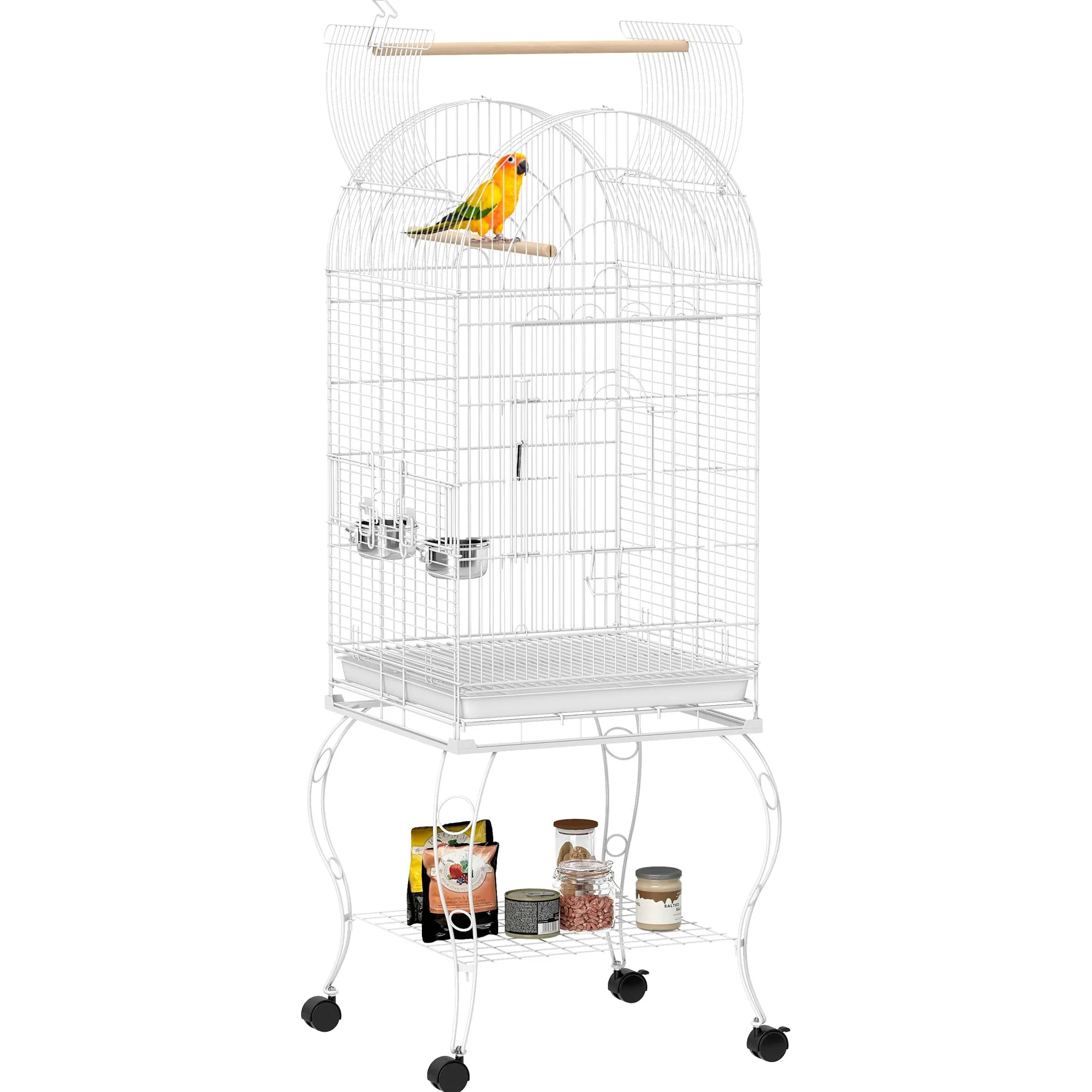 PawHut Gabbia per uccelli con ruote e ripiano, 51x51x153 cm, gabbia grande con parte superiore ribaltabile, 2 mangiatoie, 2 posatoi, 4 porte e vassoio estraibile, per pappagalli e canarini, bianco