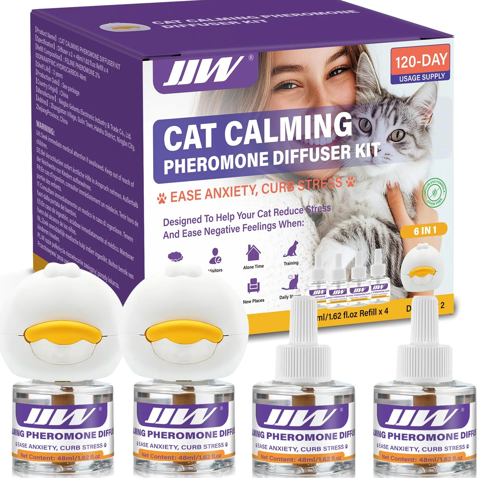JJW Kit Diffusore di Feromoni Calmanti 6 in 1 per Gatti - Riduce Ansia, Lotte e Graffi, 2 Diffusori + 4 Ricariche, 120 Giorni di Uso (Viola, S)