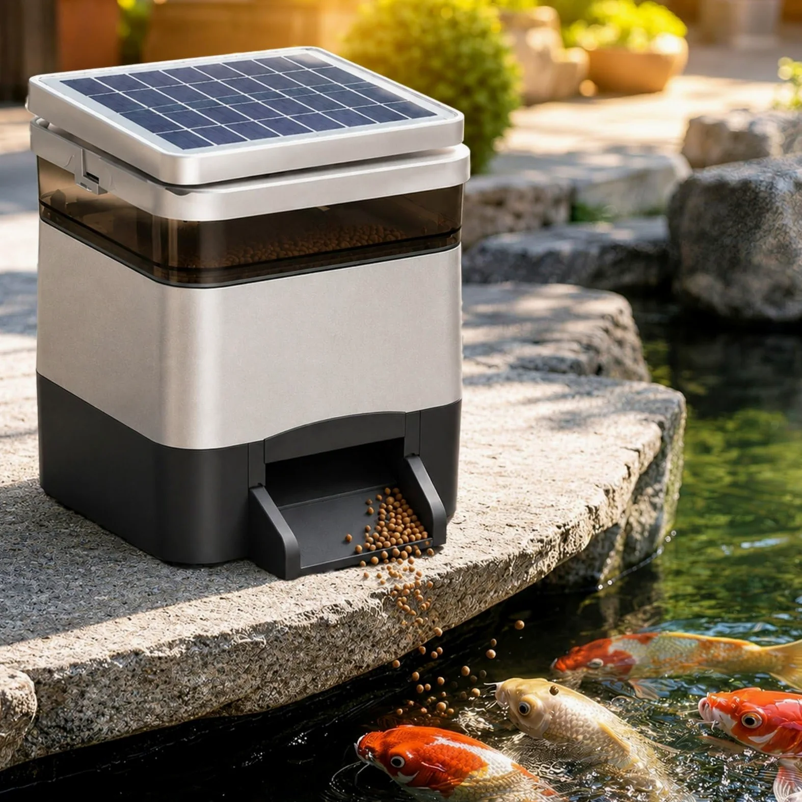 Distributore Automatico Cibo Pesci da Laghetto, Mangiatoia Pesci Solare con App, Serbatoio Trasparente 4L, Pellet Granuli Stick 1–12mm, per Koi, Pesci Rossi e Laghetti Silver