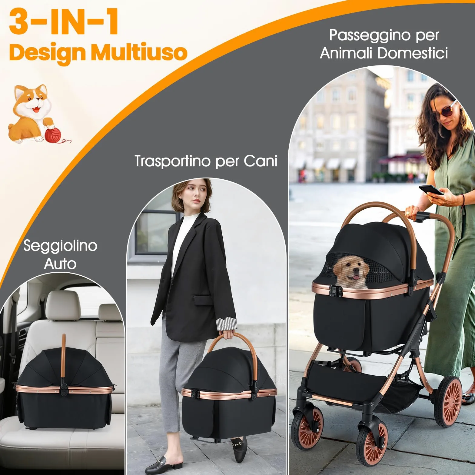COSTWAY Passeggino Pieghevole per Cani 3 in 1, Carrozzino per Animali con Portapacchi Rimovibile, Tettuccio, Cuscino Rimovibile, Cintura di Sicurezza, Cestino e Portabicchiere, Portata 25 kg