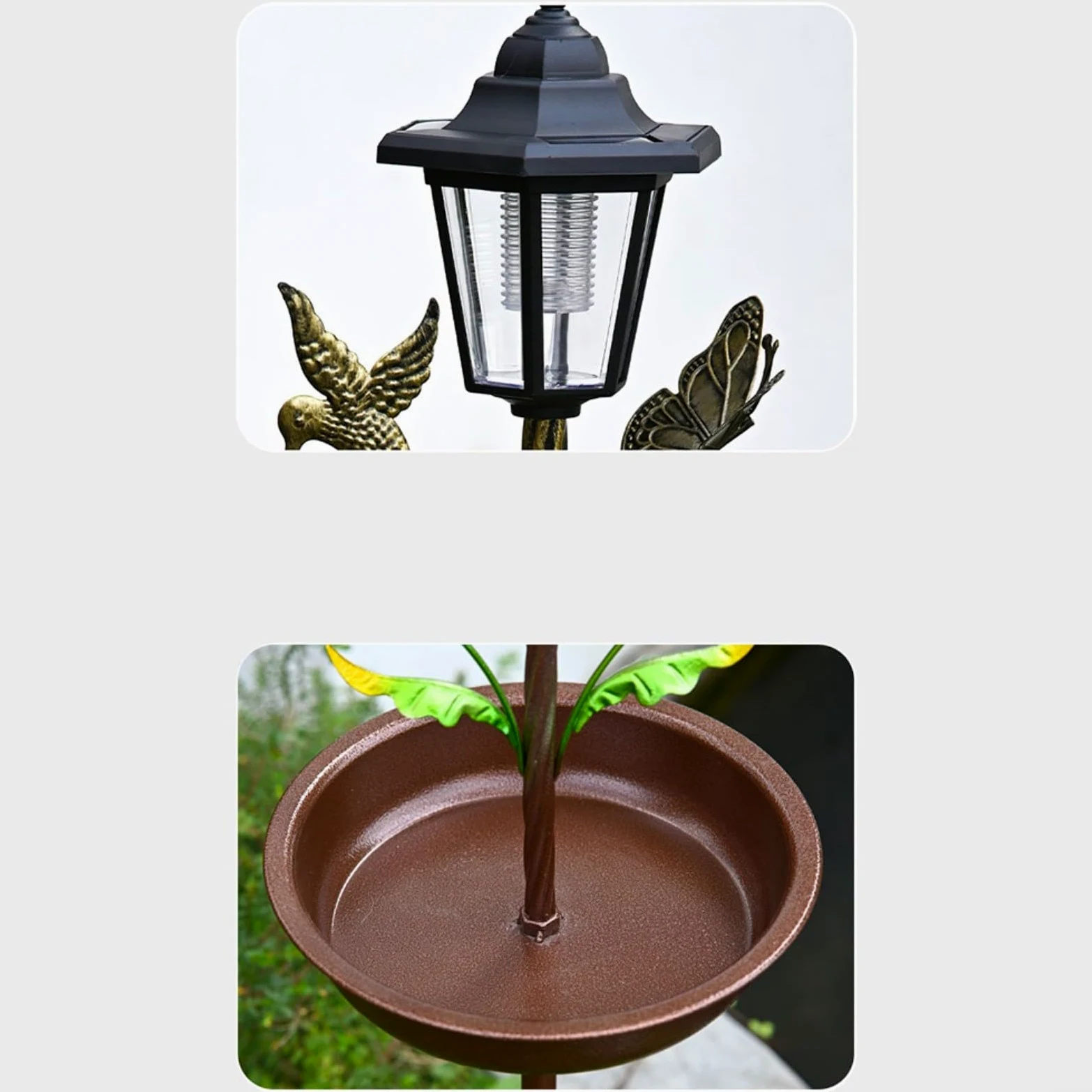 Mangiatoia solare in metallo per uccelli con luce integrata e vasca, resistente alle intemperie, decorazione da giardino per esterni, marrone, 105 cm (antico)
