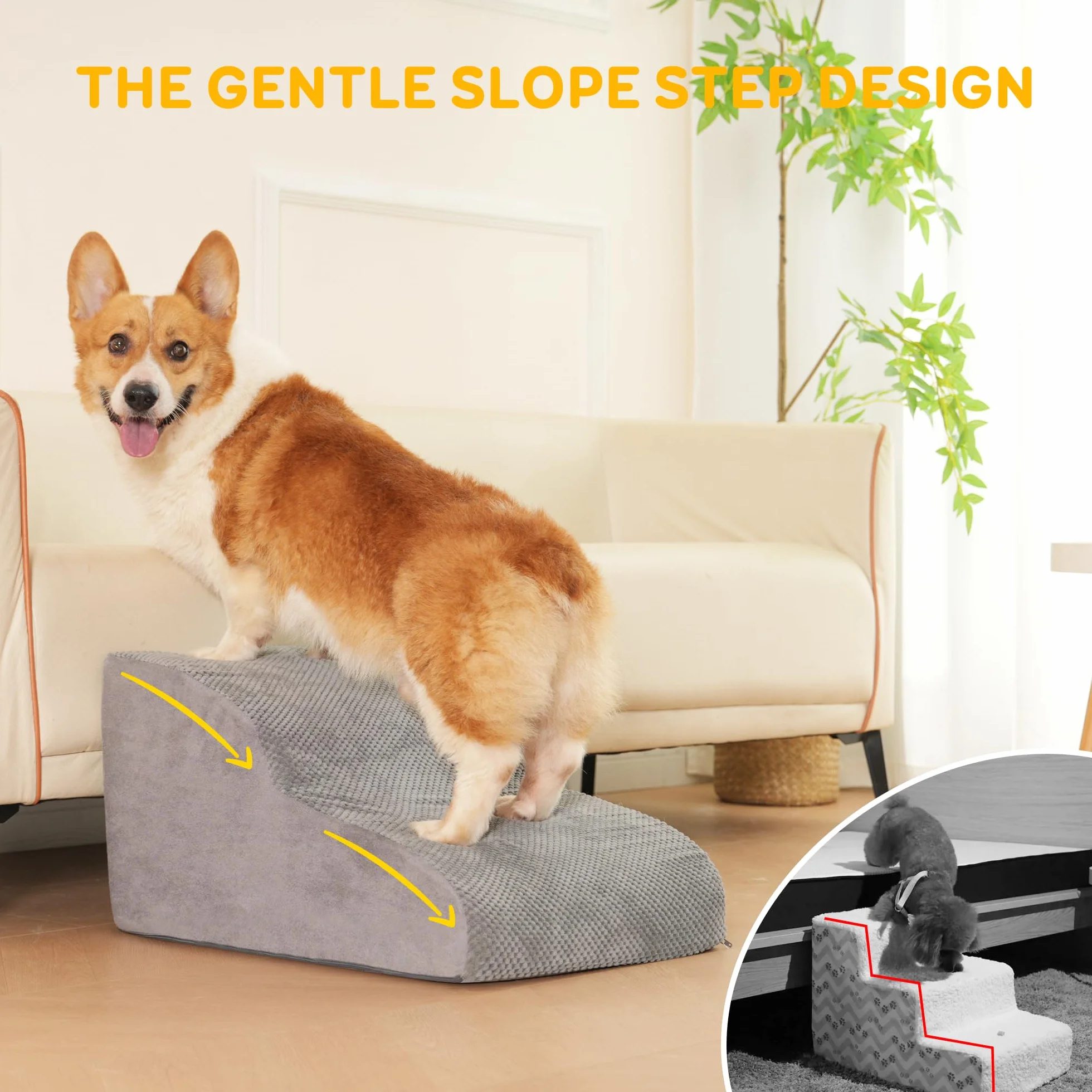 YunNasi Scaletta per Cani per Letto/Divano 3 Gradini, 60 * 40 * 40cm | Rampa Antiscivolo per cani, Scala per Cuccioli, Schiuma ad Alta Densità, Copertura Rimovibile, Pendenza Delicata