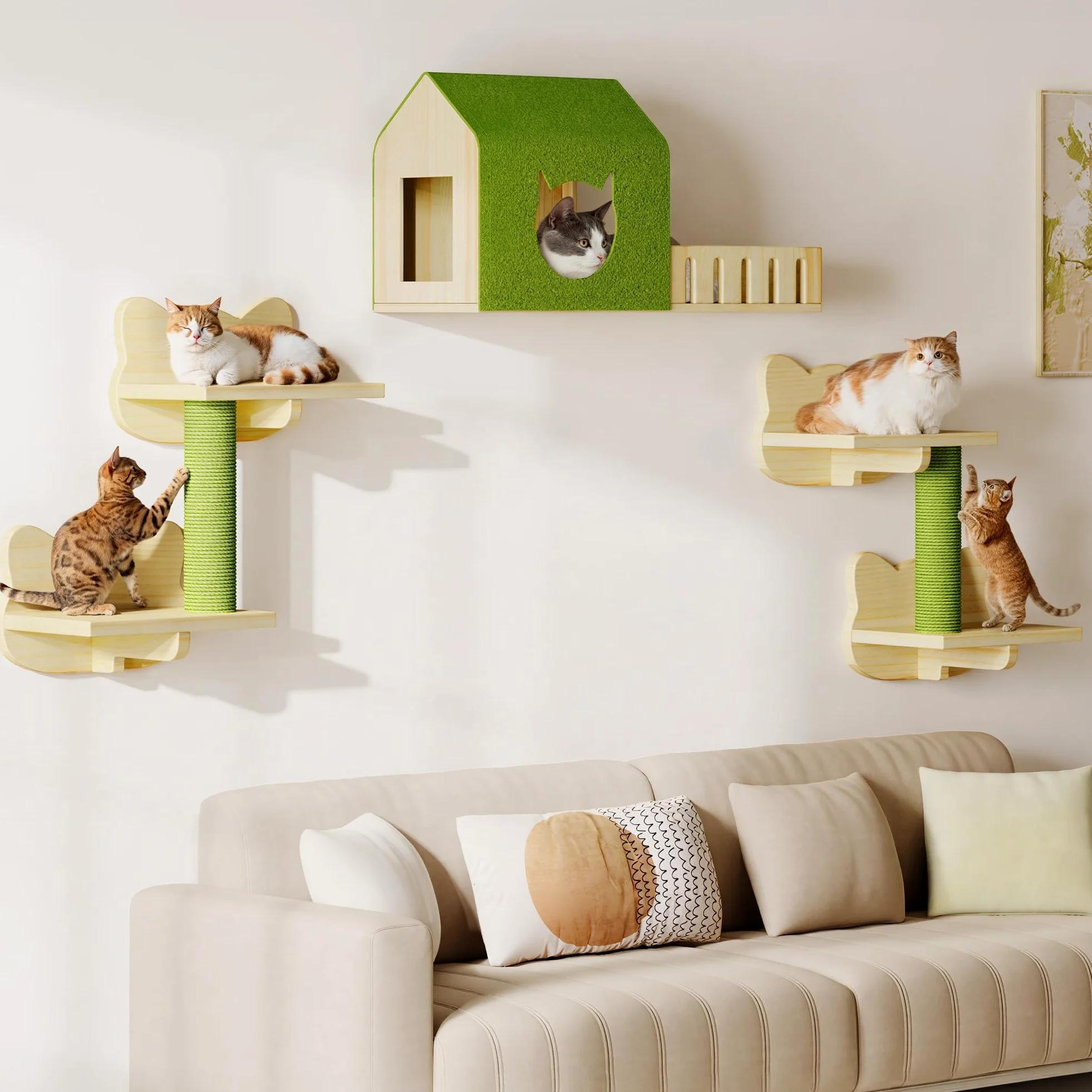 YITAHOME Set da parete per gatti in legno stabile, 5 pezzi, elementi da parete per gatti, con casetta per gatti, per dormire, giocare e riposare