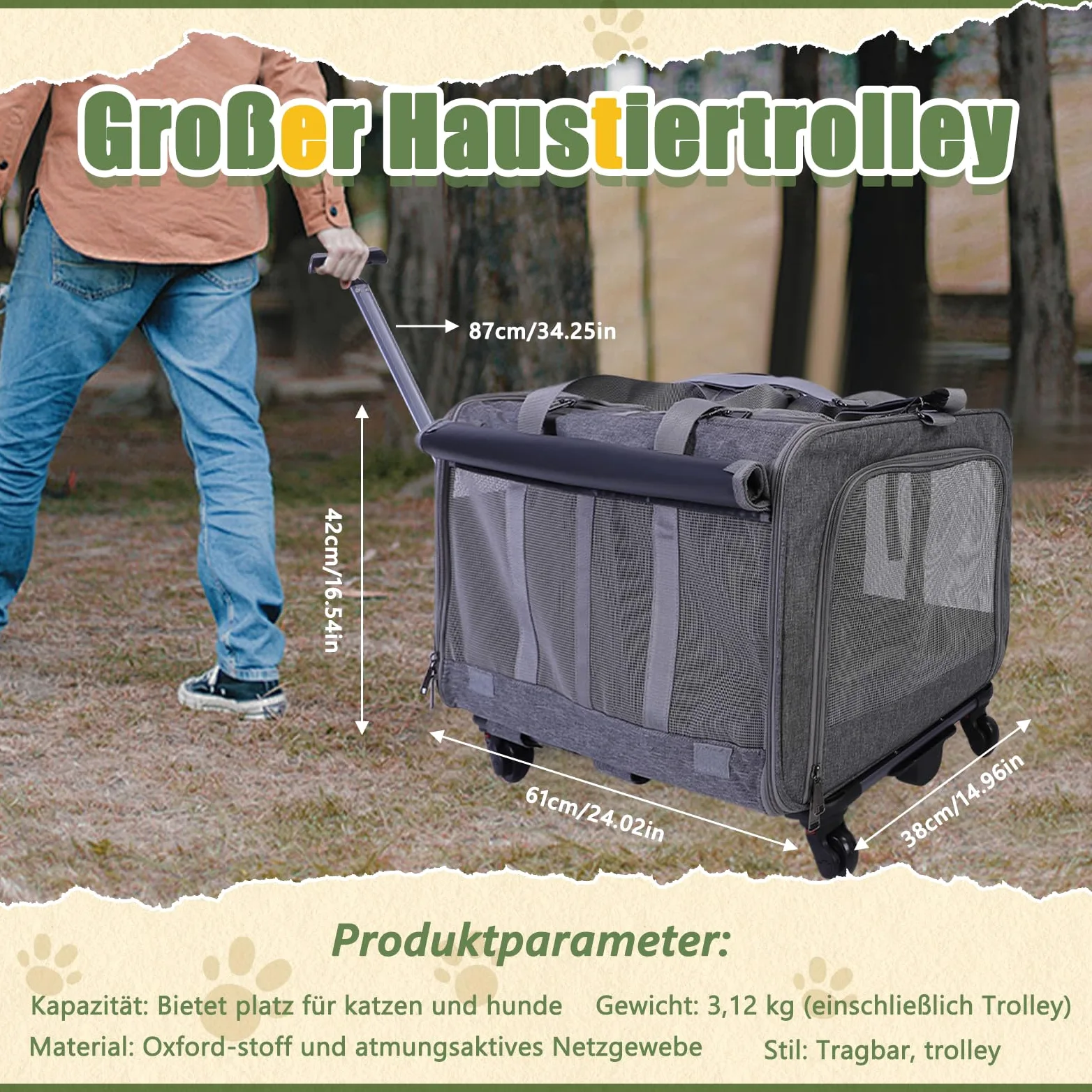 Trasportino per gatti con ruote, pieghevole, grande, per il trasporto di gatti, rimovibile, con scomparti, per 2 gatti, stile tenda ventilato