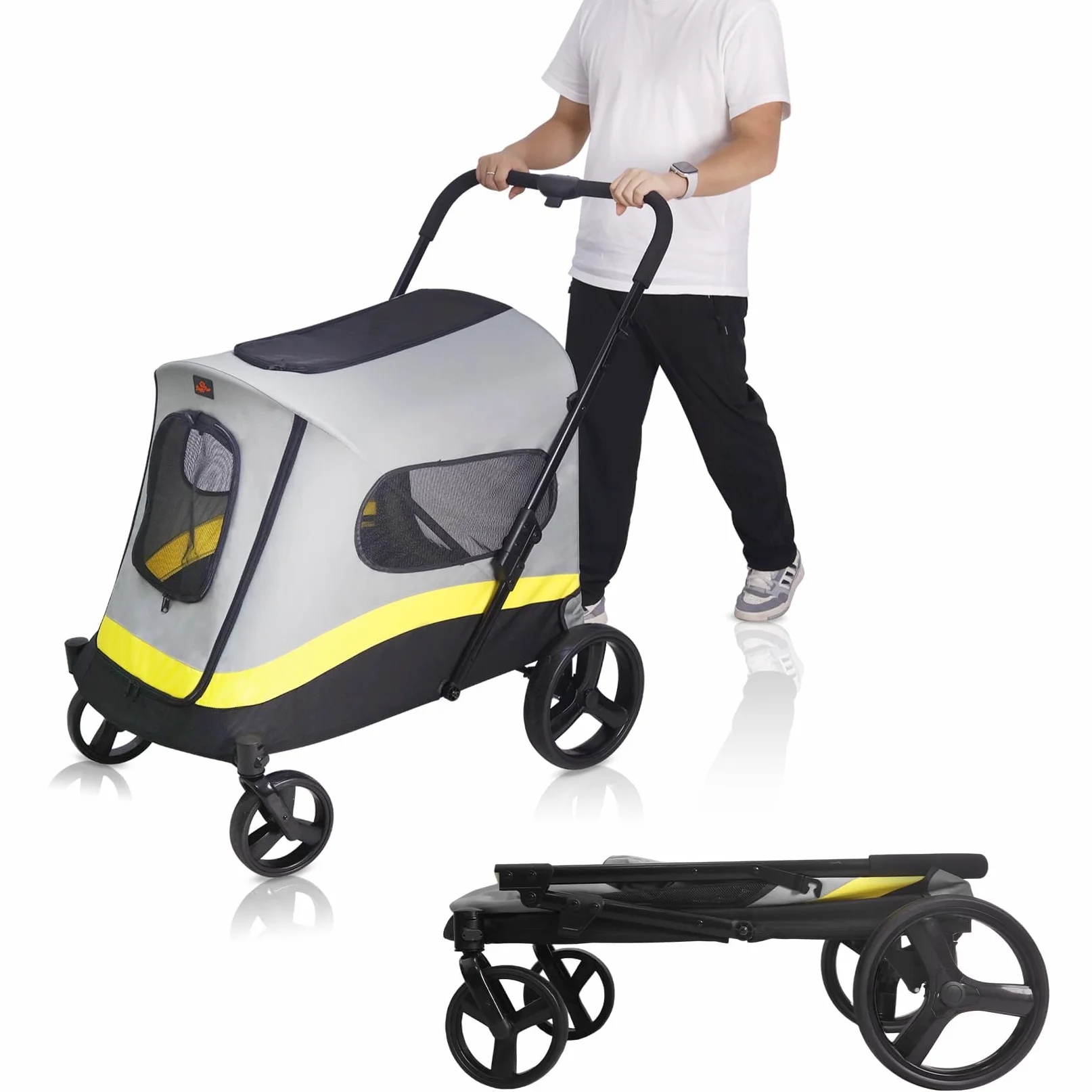 BingoPaw Passeggino per Cani Pieghevole: con Parapioggia Passeggino per Cani 42 kg Taglia Media Cuccioli e Gatti Durevole Passeggino Cane con Ruote Finestre a Rete Manico Regolabile