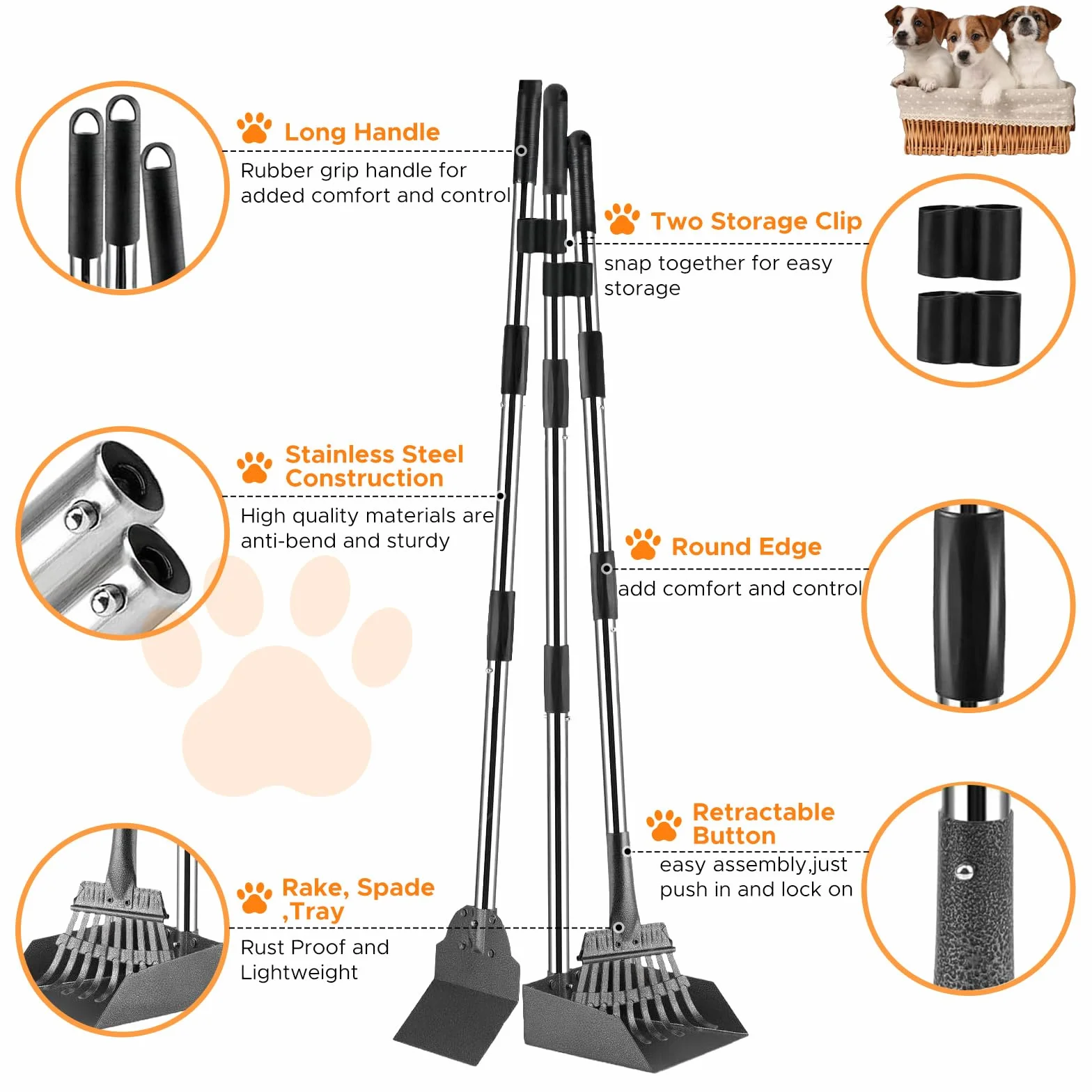 Paletta Raccogli Cacca Cani, Raccogli Cacca Cane per Paletta 96cm | Set di Pooper Scooper con Manico Lungo Regolabile, Rastrello e Vassoio, Set 3 Pezzi, Palette per Escrementi per Prati/Cortili