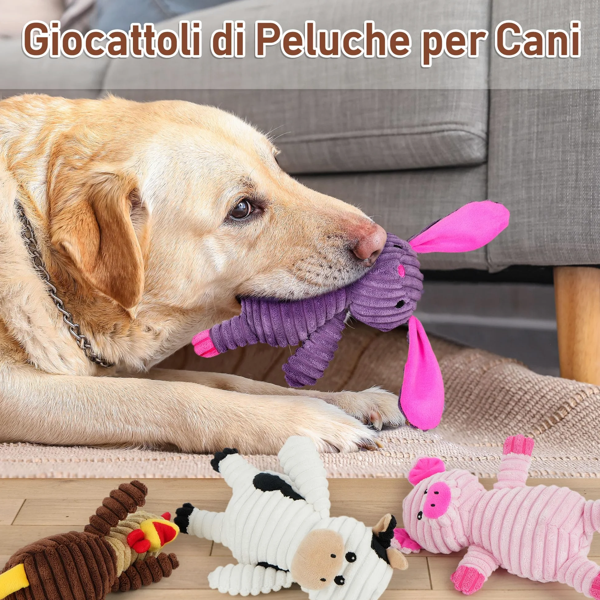 PrimePets Peluche per Cani, 5 Pezzi Giochi Cane con Squeak, Giocattoli per Cani, Peluche Cane, Giocattolo Interattivo (Animali Fattoria)