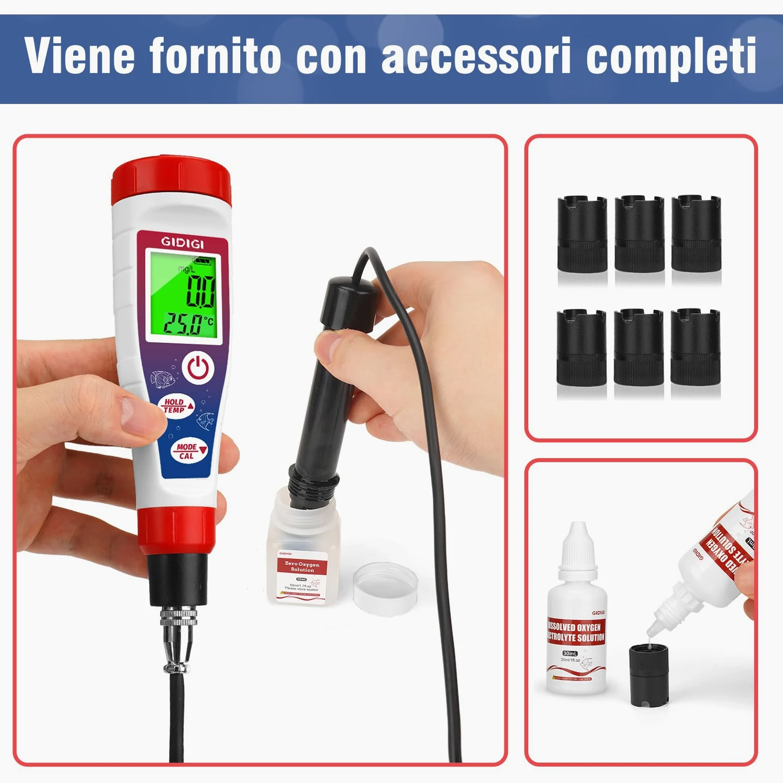 Misuratore digitale di ossigeno disciolto con cavo sonda da 4,92 piedi, analizzatore di ossigeno misuratore DO con accessori, kit di test per acquari e laghetti 0,0-40,0 mg/L per acquario, vino
