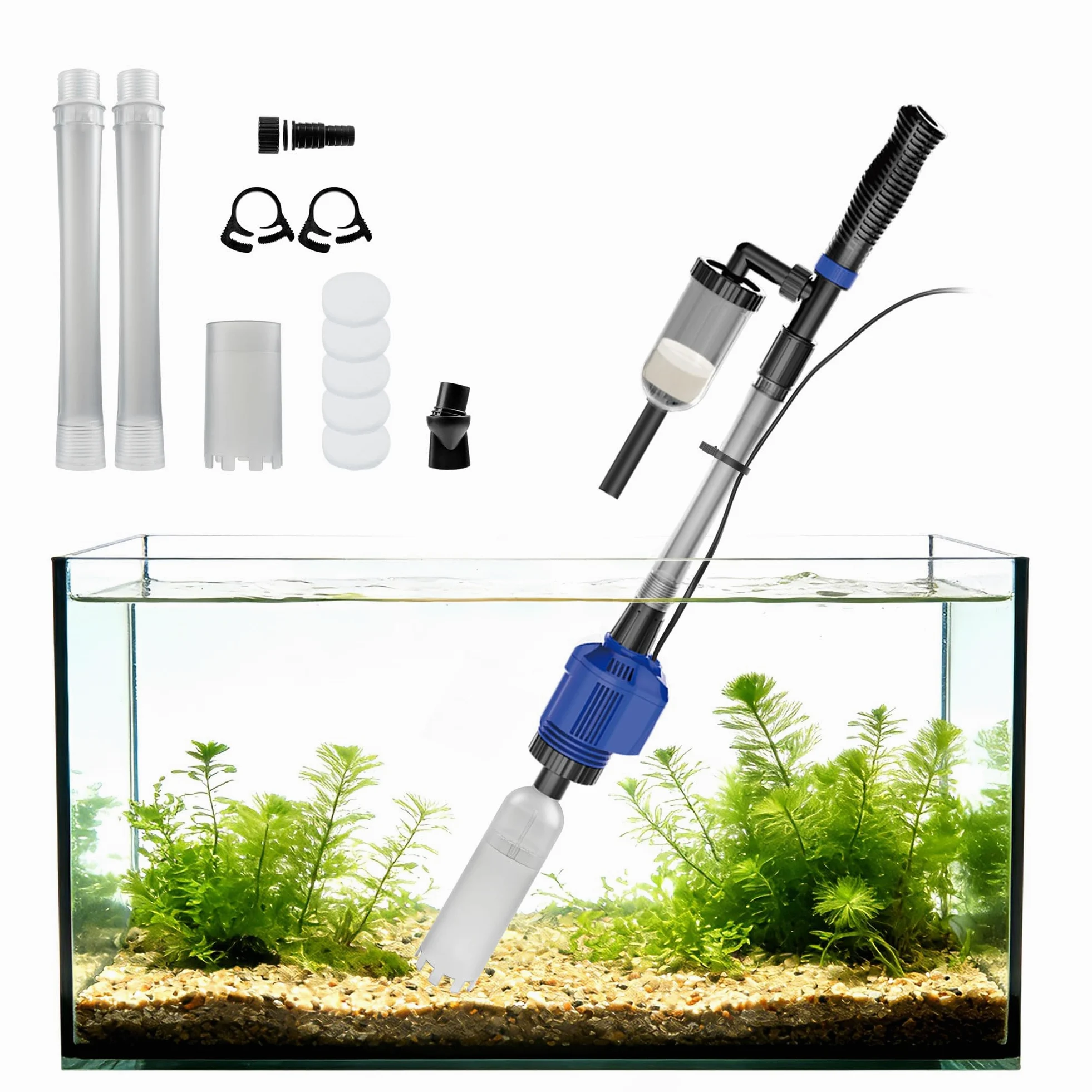 NICREW 3 in 1 Pulizia Acquario Multifunzionale, Sifone per Ghiaia con Filtro in Spugna, Aspirapolvere per Acquario Medio e Grande, 800 L/H, 16 W