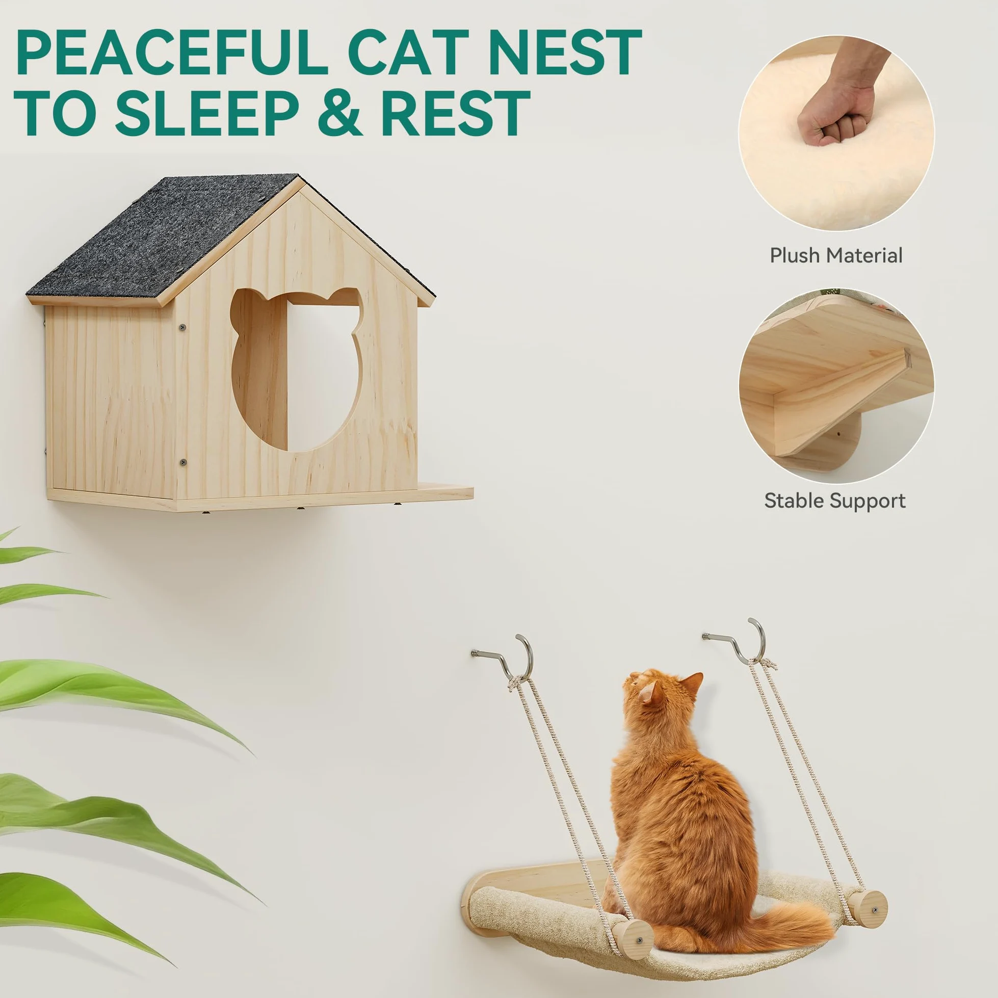 YITAHOME Set da parete per gatti in legno robusto, 7 ripiani con casa, ponte sospeso, scale, amaca e tiragraffi per dormire, giocare e riposare
