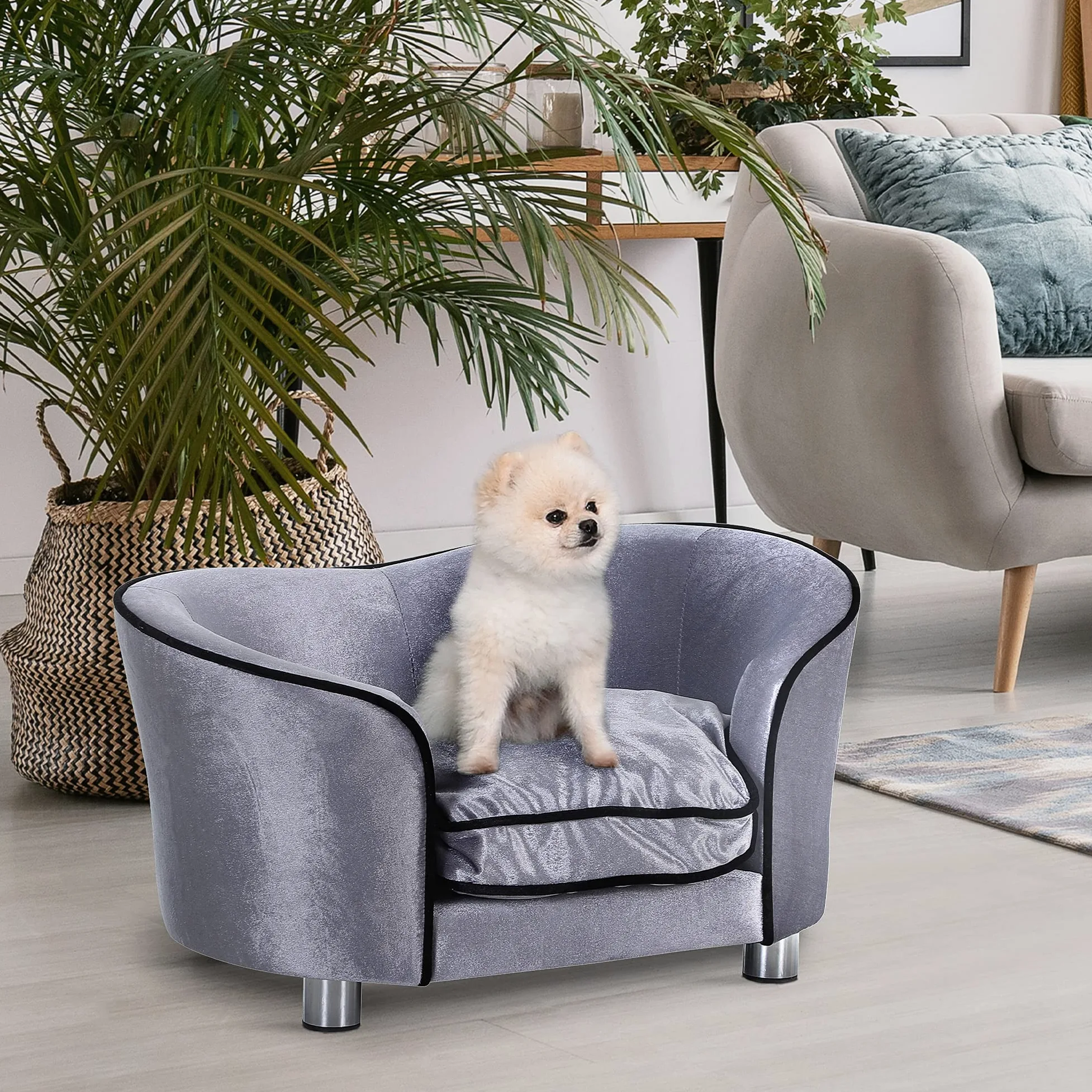 PawHut D04-016, divanetto di lusso per cani e gatti, con cuscino, per riposare, colore grigio.