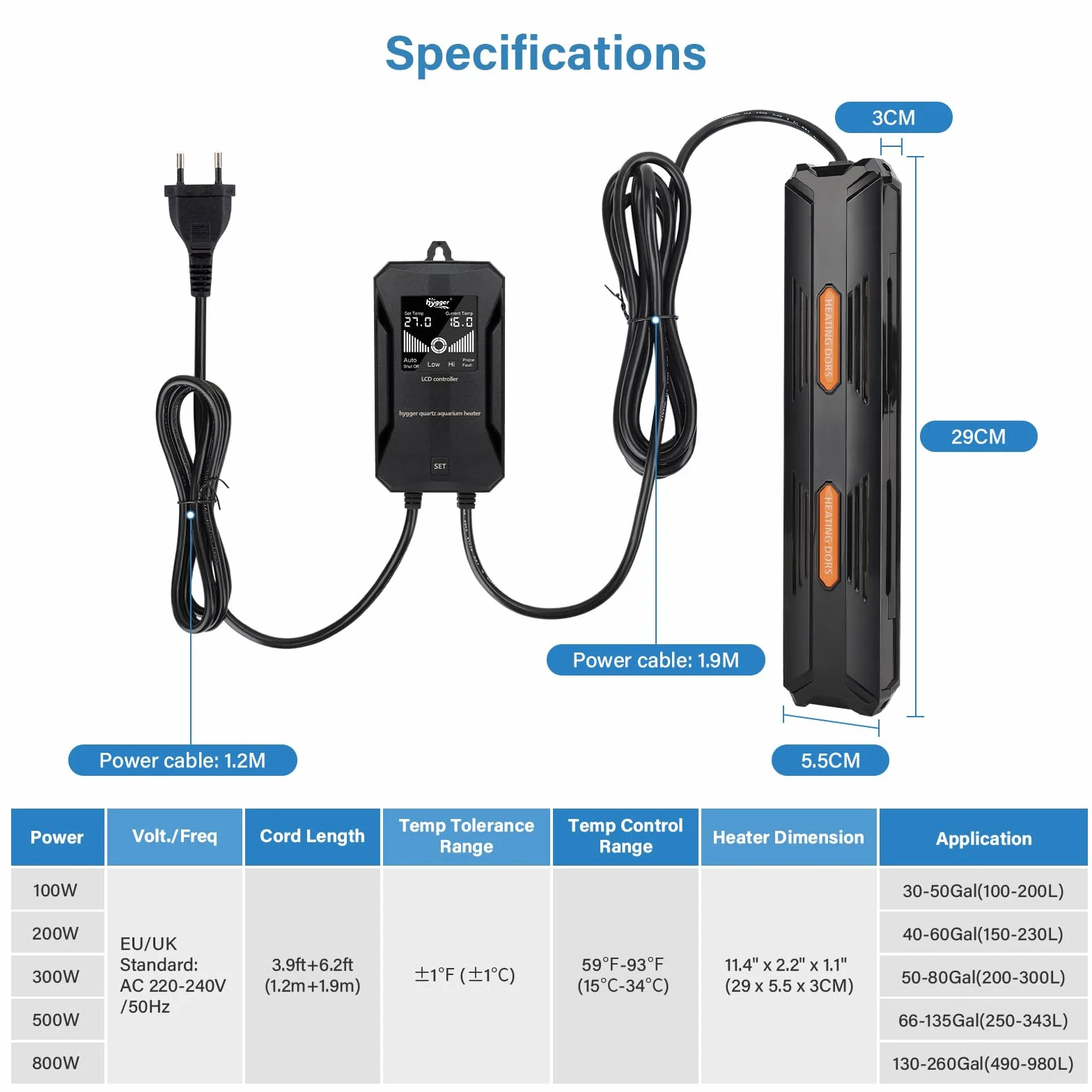 hygger Riscaldamento per Acquario, Riscaldatore per Acquario da 100W Temperatura Regolabile con LCD Esterni Regolatore Digitale di Temperatura per Serbatoio da 100-200L