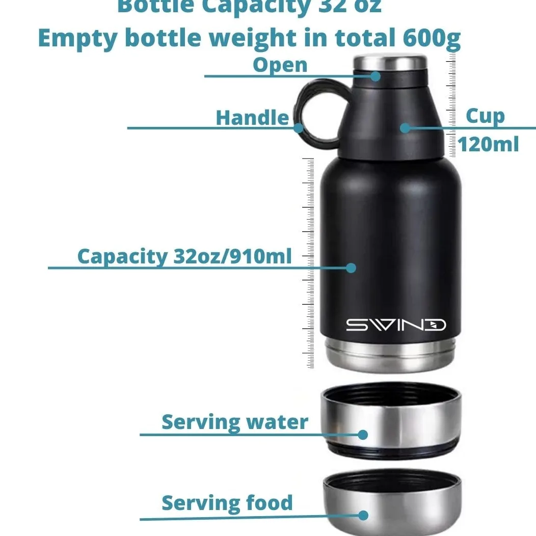 Bottiglia d'acqua 3 in 1 con 2 ciotole staccabili per cani, isolate sottovuoto portatili, viaggi, campeggio