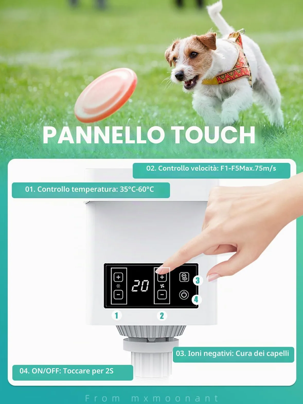 Mxmoonant Soffiatore per Cani, 2800 W, con controllo intelligente della temperatura Negative Ionen, con 4 tipi di ugelli e una spazzola grande