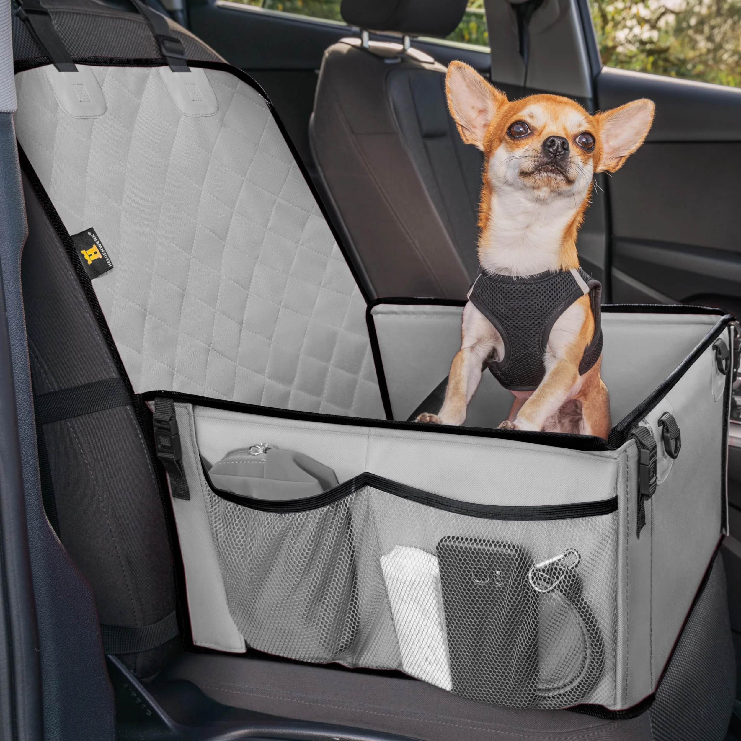 Heldenwerk Seggiolino auto per cani extra robusto Pareti rinforzate e 5 cinghie impermeabile sedile posteriore anteriore grigio misura