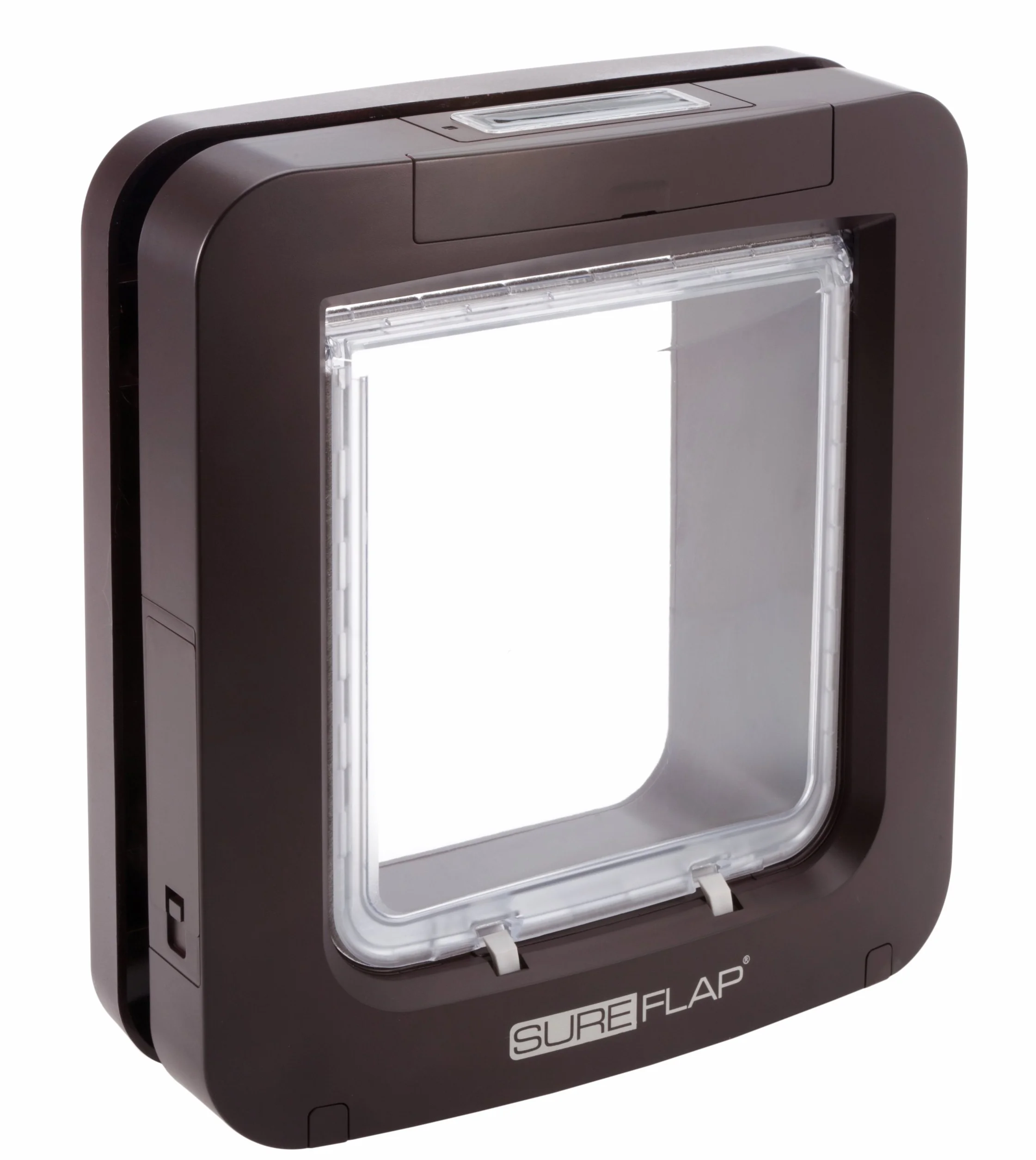 Porta per animali con lettore di microchip SureFlap Sure Petcare per gatti e piccoli cani, comp. Targhetta per collare RFID e microchip, Marrone, rich. 4 batterie cella C (non incl.)