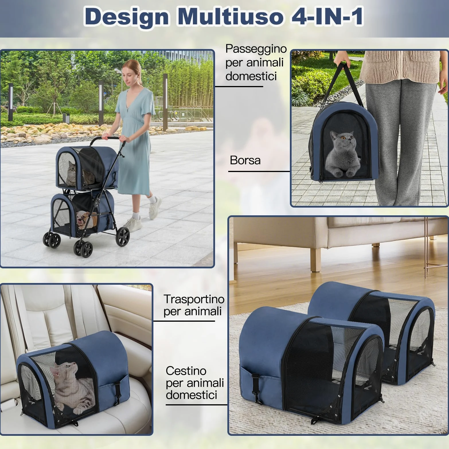 COSTWAY Passeggino per Cani Pieghevole, Carrozzina per Cani Multifunzionale 4 in 1 a Doppio Livello, Passeggino Smontabile con Ruote, Ideale per Passeggiata Viaggio e Shopping (Blu)