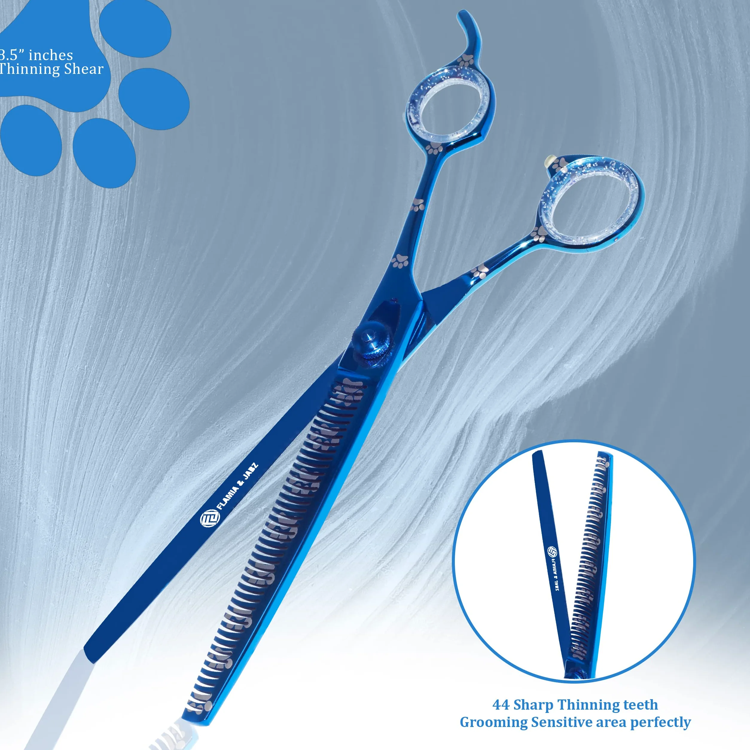 Set di forbici professionali per la toelettatura del cane, dritte, curve, diluenti/frullatore e chunker con impronte di zampe per cani, blu, acciaio inossidabile 20.5 cm)