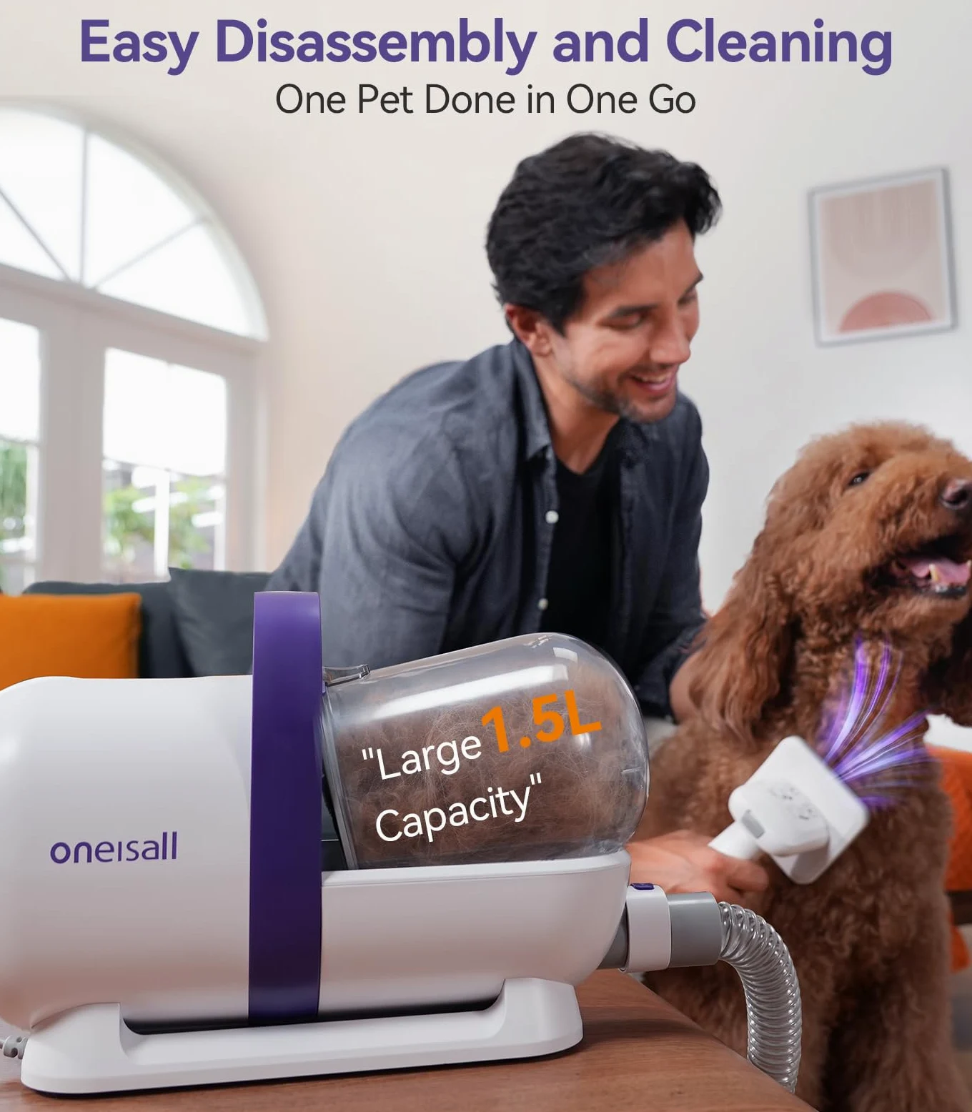 oneisall cane aspirapolvere con spazzola, forte potenza di aspirazione cane spazzola aspirapolvere con 12000 Pa, succhia il 99,99% dei peli di animali domestici (1,5L) con 4 accessori per la cura