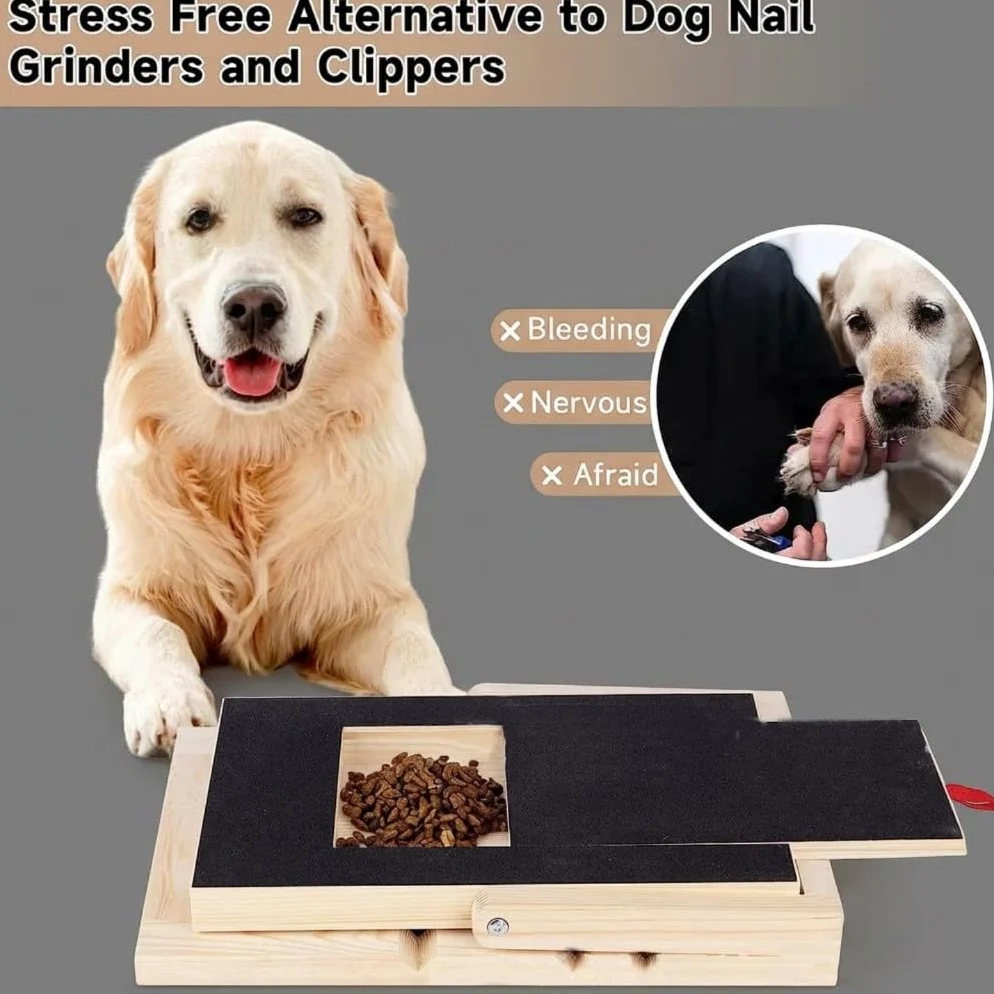 Tagliere per unghie 2 in 1 in legno massello con cassetto retrattile per cani, robusto giocattolo da masticare