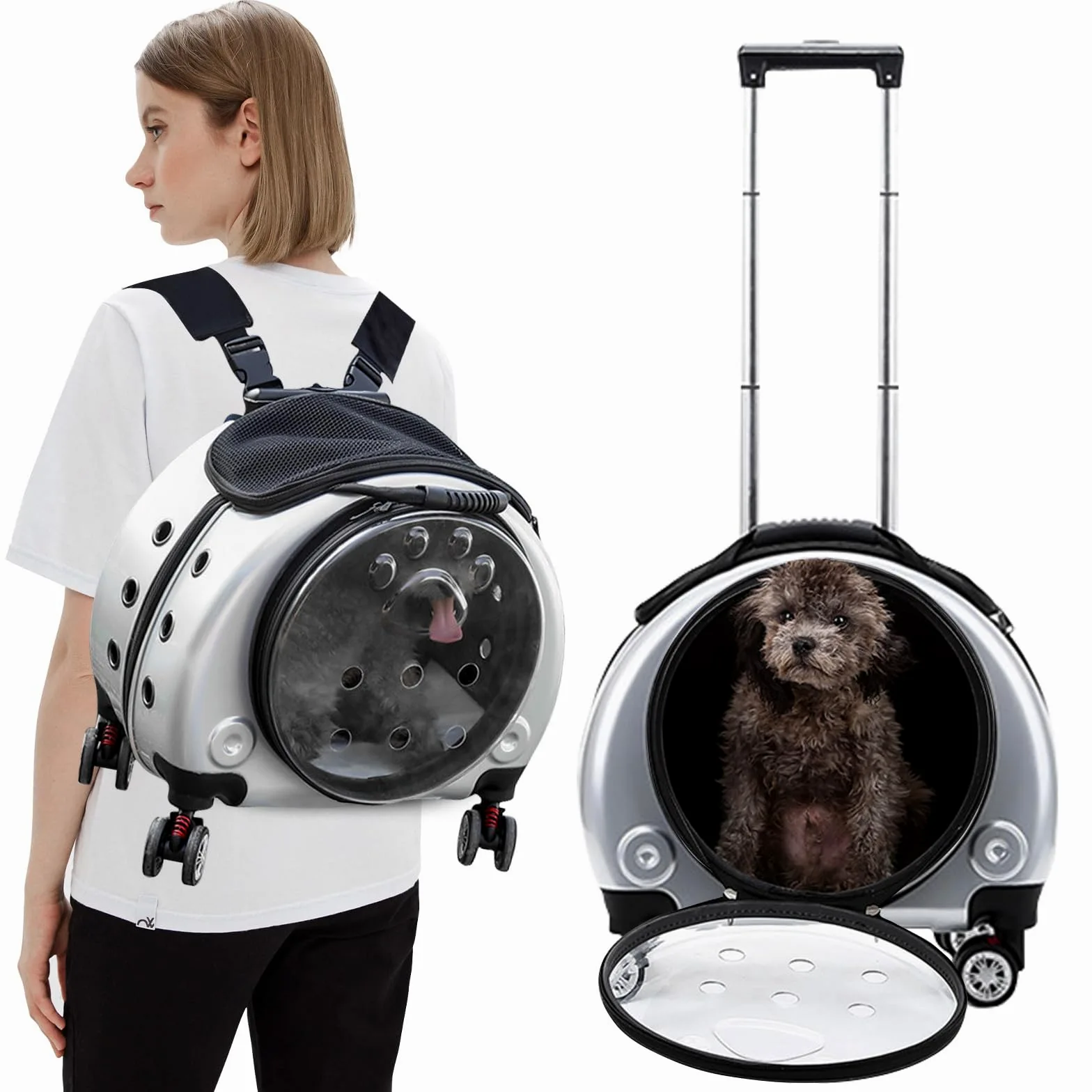 PETCUTE Zaino Trolley per Cani Gatti,Buona Ventilazione,Zaino per Gatti con Tappetino Rimovibile,Comoda Maniglia,Pieghevole Trasportino Gatto con Ruote per Cani Piccoli Gatti Medi Fino 7.5 KG