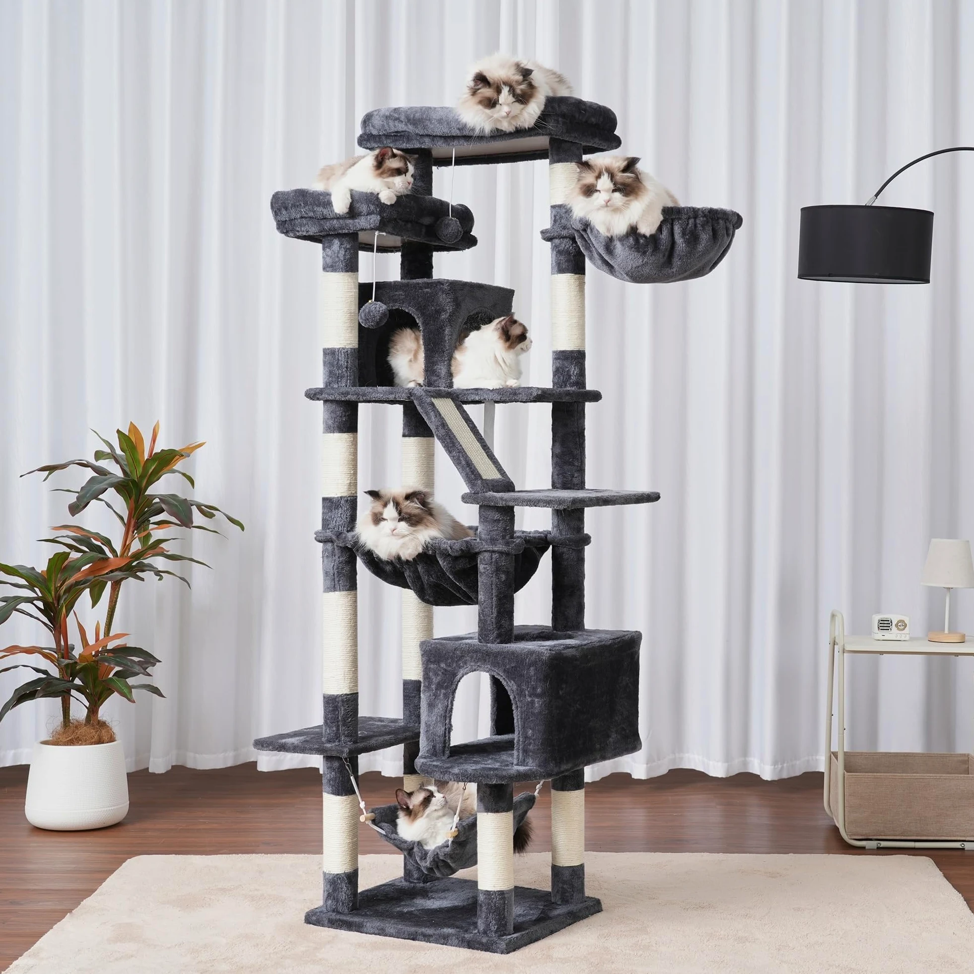 Heybly Albero Per Gatti, Torre 180 cm, 2 Piattaforme, 2 Capanne, 2 Amache, Pannello Per Sgualabocche. Grande Mobile Per Gatti Con Spazio Dormire, Grigio Fumo HCT034G