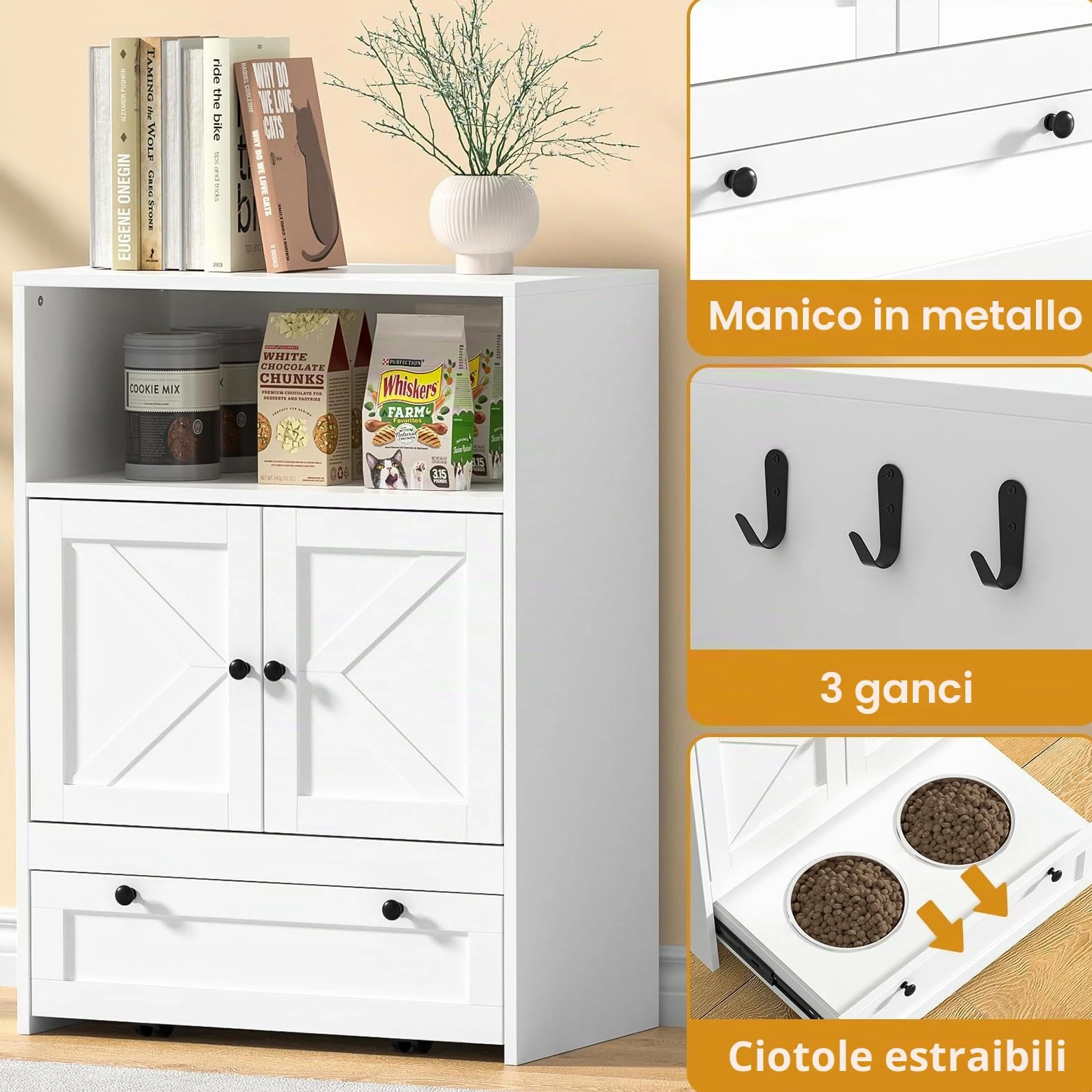 Mangiatoia per cani con 2 ciotole in acciaio inox, 60 x 35 x 82 cm, armadietto per animali domestici con ripostiglio, armadietto per animali domestici 2 in 1 e stazione di alimentazione, ciotola per