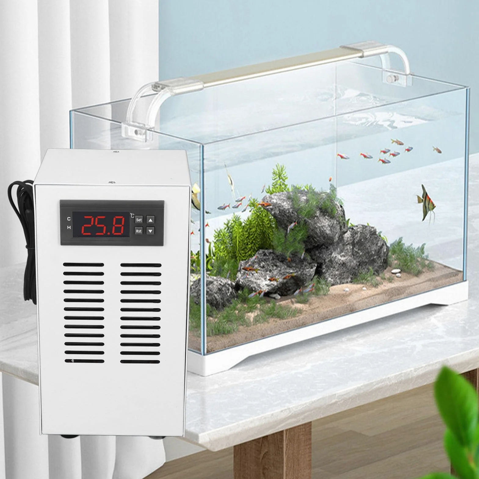 Bewinner Refrigeratore per Serbatoio d'Acqua, Mantiene la Temperatura Ottimale Refrigeratore d'Acqua per Acquario, Raffreddamento Elettronico Rapido, Funzionamento Silenzioso (Spina