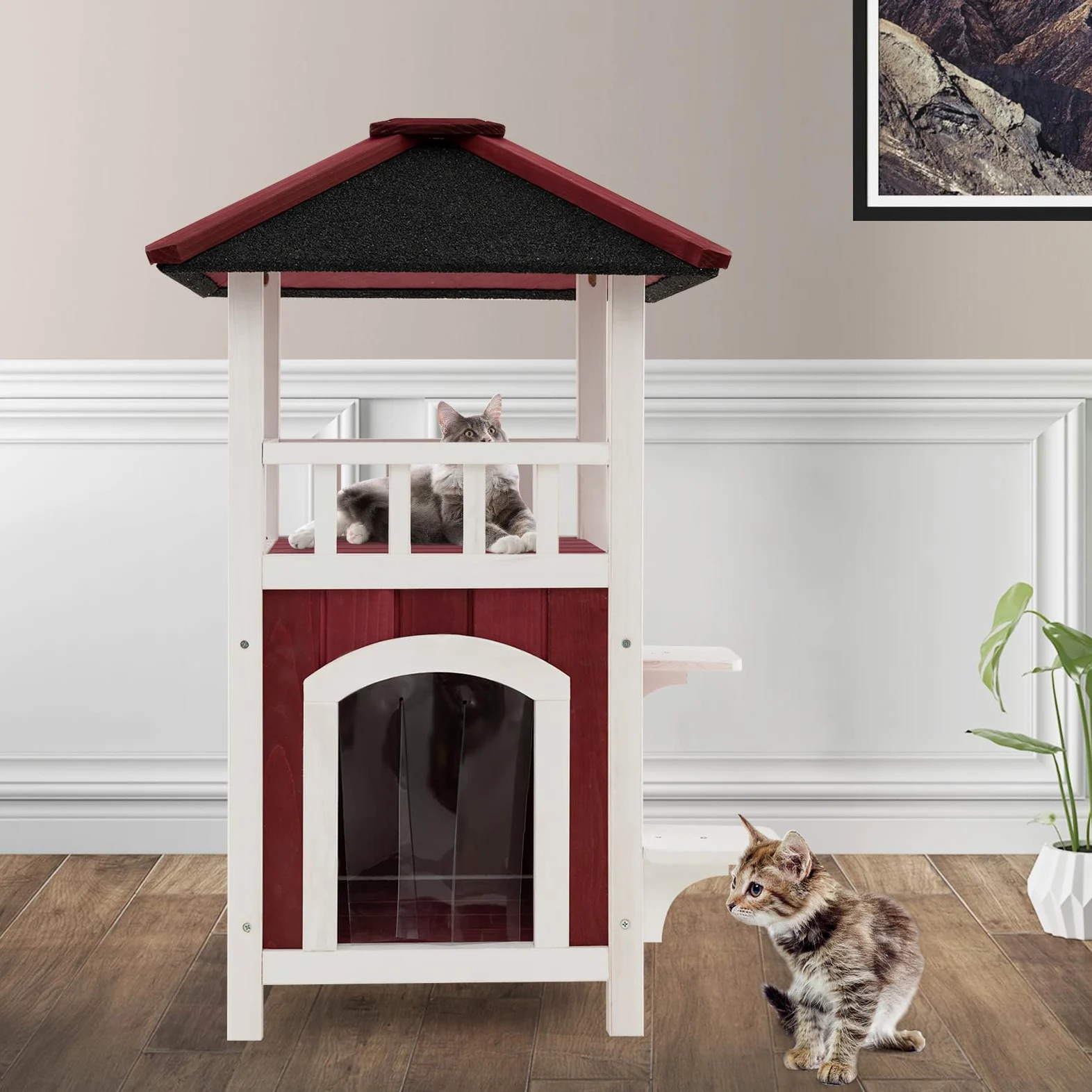 COSTWAY Cuccia per Gatti da Interno ed Esterno, Gasetta per Gatti in Legno a 2 Livelli con Tetto in Asfalto e 2 Piattaforme per Saltare, Casa per Gattini Impermeabile, 58 x 50 x 87 cm