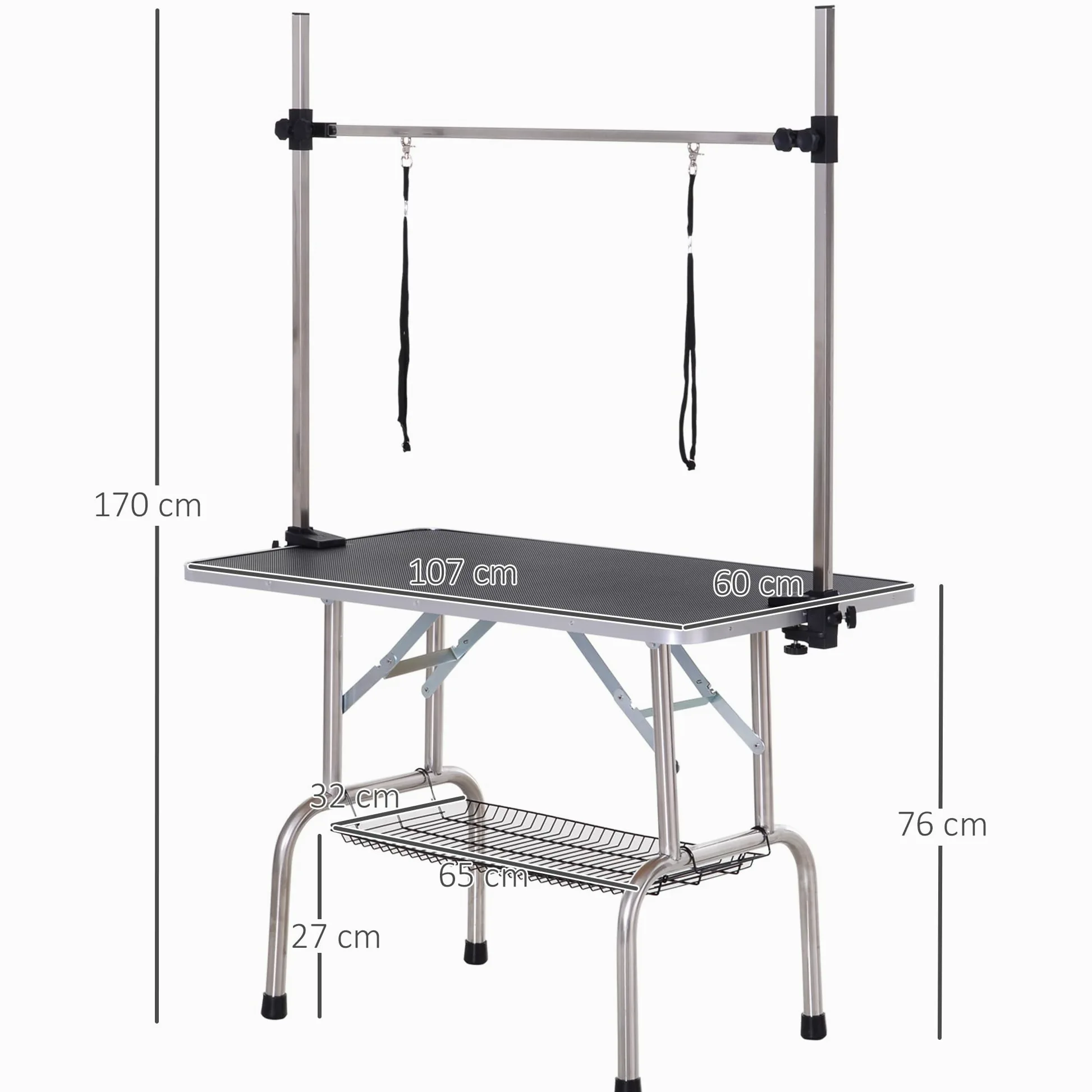 PawHut Tavolo da toelettatura per animali domestici Tavolo da toelettatura pieghevole con portaoggetti Telaio in acciaio Altezza regolabile 20-80 cm 107x60x170 cm Nero