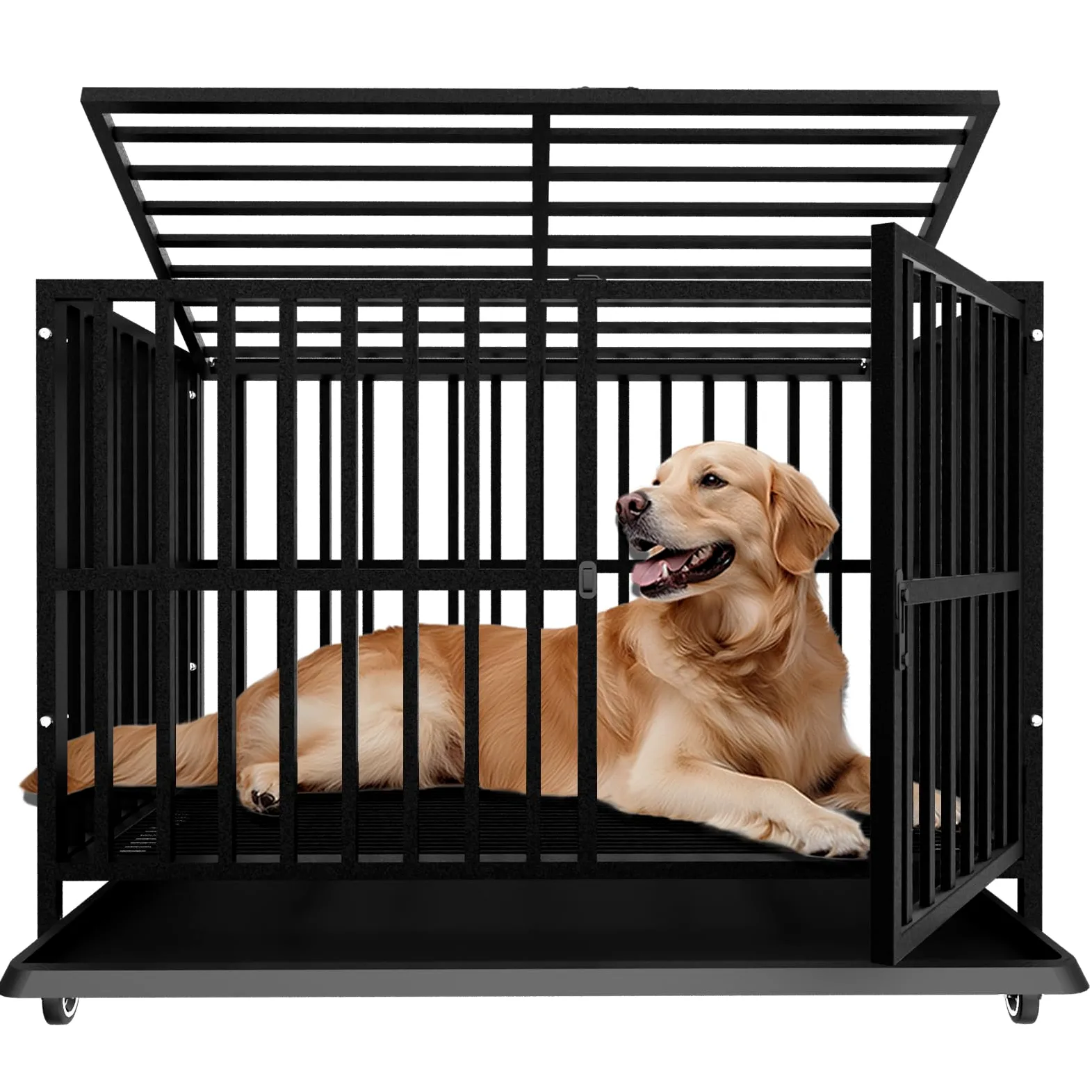 Grande gabbia per cani, canile indistruttibile per cani in acciaio legato resistente con ruote bloccabili, doppia porta e serrature robuste(Grande)