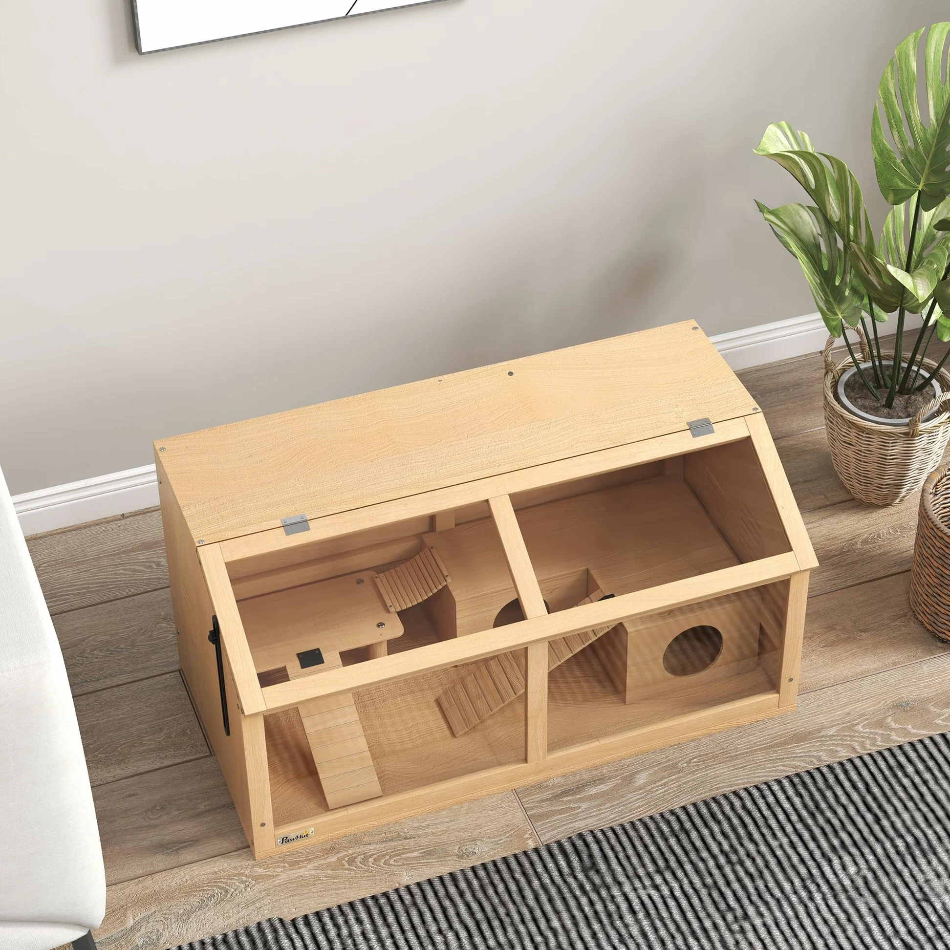 PawHut Gabbia per Criceti Apribile con Piattaforma, Scalette, Capanna e Ponte, Gabbia per Roditori in Legno di Abete, 85x45x44 cm, color Legno