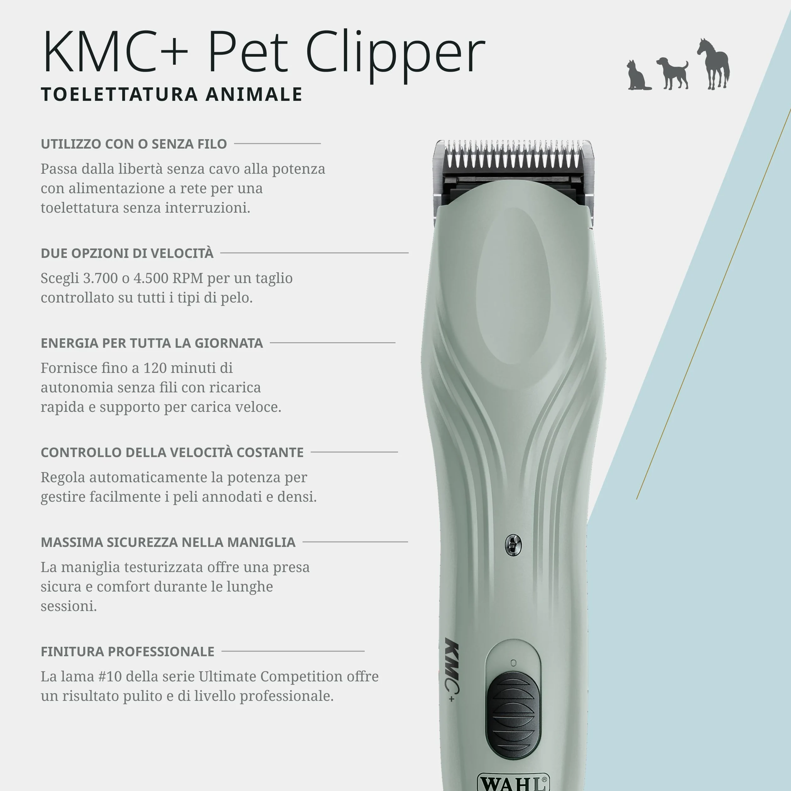 Wahl KMC+ Tosatrice per Animali – Motore Brushless Silenzioso, Impugnatura Testurizzata per Maggiore Comfort, Due Velocità, Utilizzo con Filo o Senza Filo, Autonomia Fino a 120 Minuti