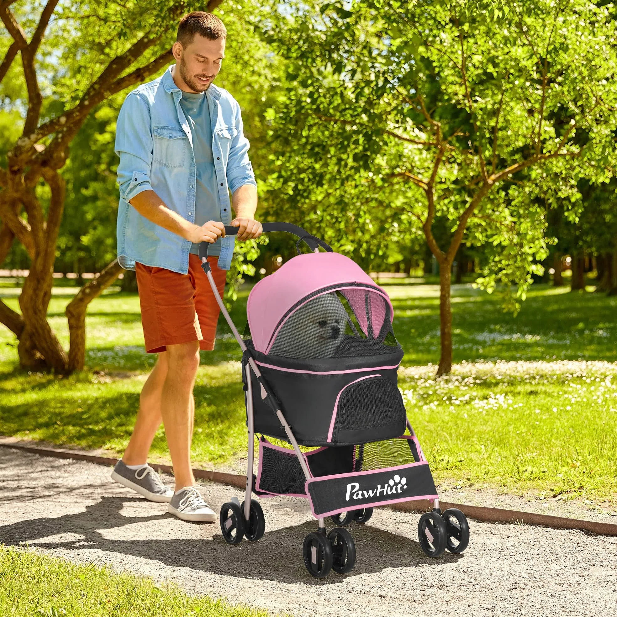 PawHut Passeggino per Cani 3 in 1 Pieghevole Convertibile in Borsa da Trasporto, Seggiolino Auto con 2 Guinzagli, Cuscino, Passeggino per Animali in Acciaio, Tessuto Oxford, 82x49.5x98cm, Rosa