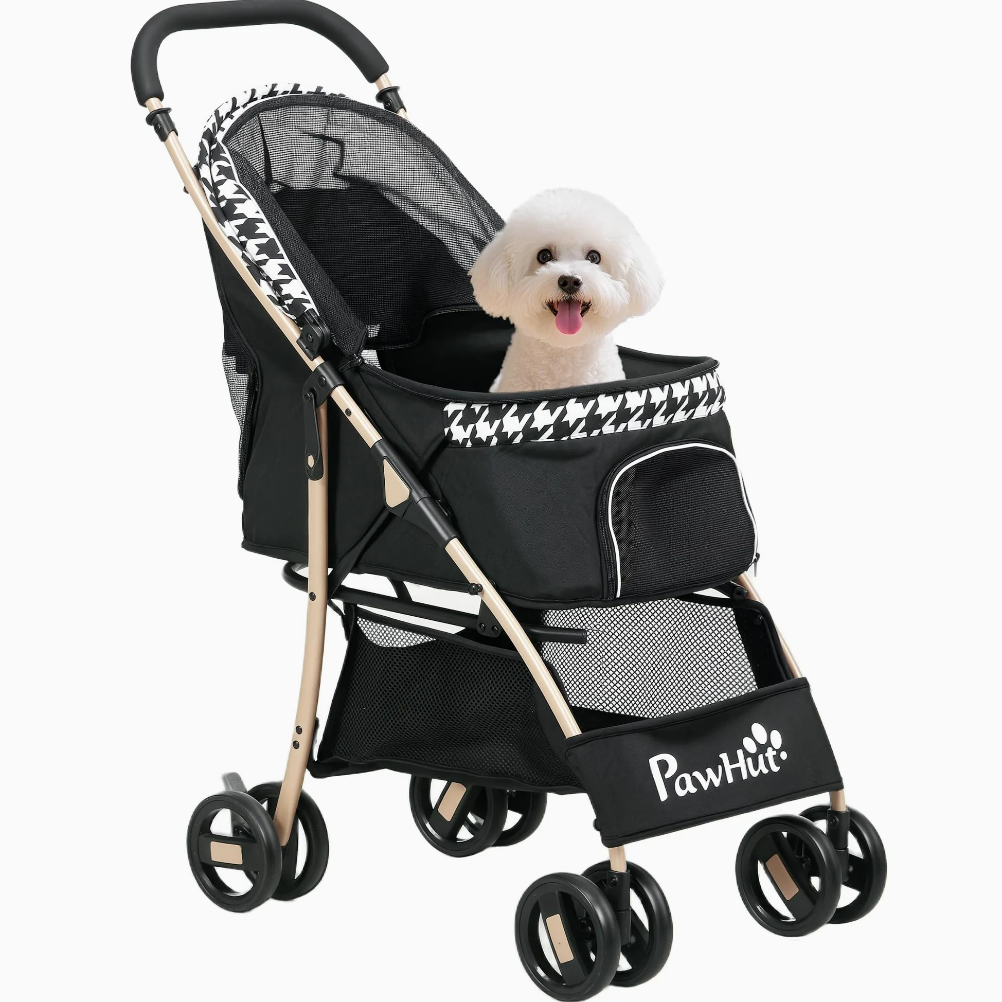 PawHut Passeggino pieghevole per cani con 2 porte, finestra a rete, cestino di sicurezza e cuscino 80x44,5x97 cm Nero