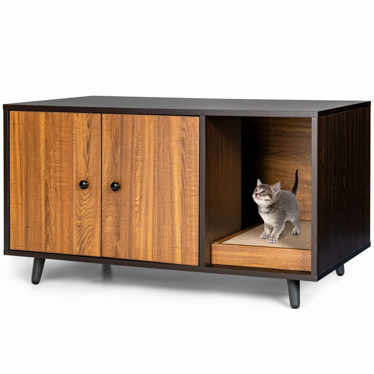 FANTASK Casetta laterale 2 in 1, tavolo e armadietto per gatti con 2 ante, tavolino da caffè e lettiera per gatti, in legno, con design impermeabile, buona circolazione dell'aria, 90 x 50 x 50 cm