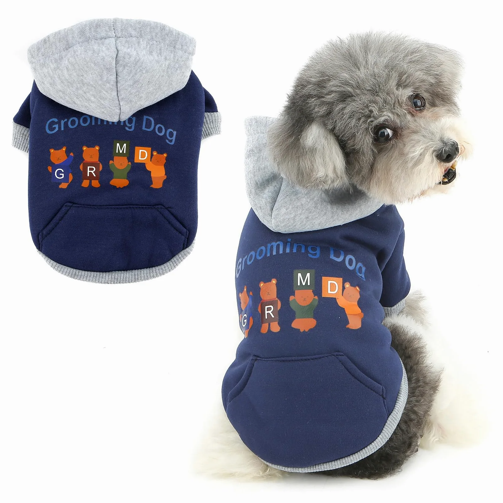 XHYRHTS Felpa con cappuccio in pile per cani con stampa simpatico cartone animato per razze Xsmall piccole, calda felpa pullover colorblock con anello a D, morbido abito invernale per cuccioli gattini