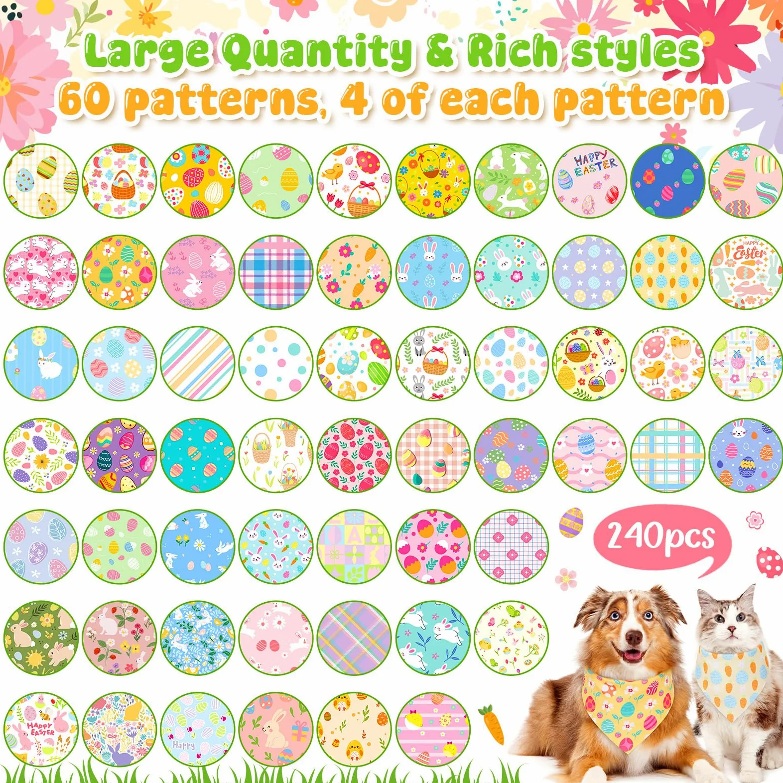 Geyoga 240 bandane primaverili per cani alla rinfusa St Patricks Pet Bandane regolabili a triangolo pasquale per toelettatura cani, bavaglini fazzoletto per gatti di taglia piccola, media e grande