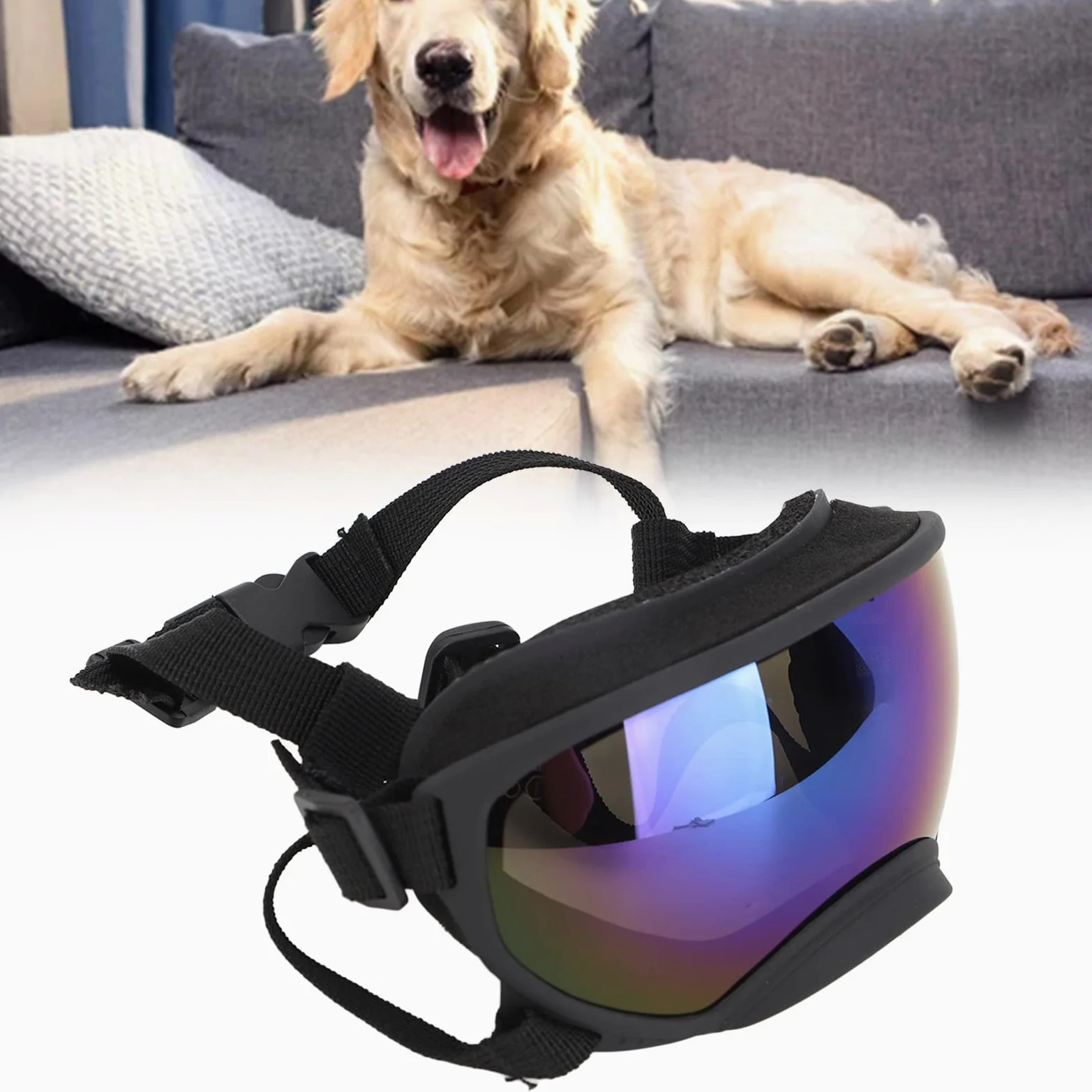 Occhiali per Cani, Occhiali da Sole per Cani di Grandi Dimensioni Design Elegante Design con Fibbia Resistente Protezione UV Lente per PC con Custodia e Borsa per Gli Sci (Lente Blu)