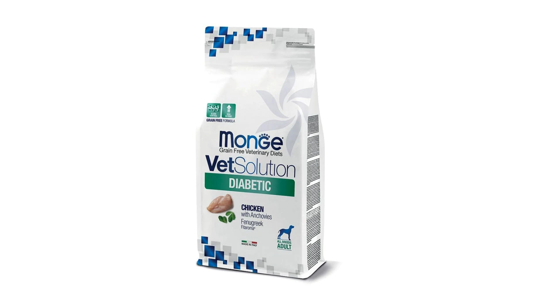 MONGE Cane VetSolution Diabetic Canine gusto Pollo con Acciughe | alimento secco completo e dietetico per cani formulato per il controllo dell’apporto di glucosio, Made in Italy, 1 confezione da 12kg.