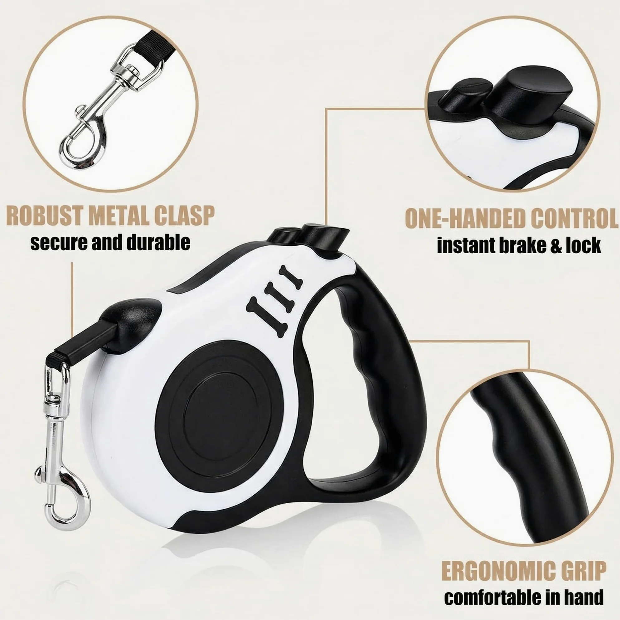 1 Guinzaglio per Cani Automatico Retrattile, Guinzaglio Estensibile con ABS Resistente, Per Passeggiate Cane e Gatto, 5 Metri, Bianco