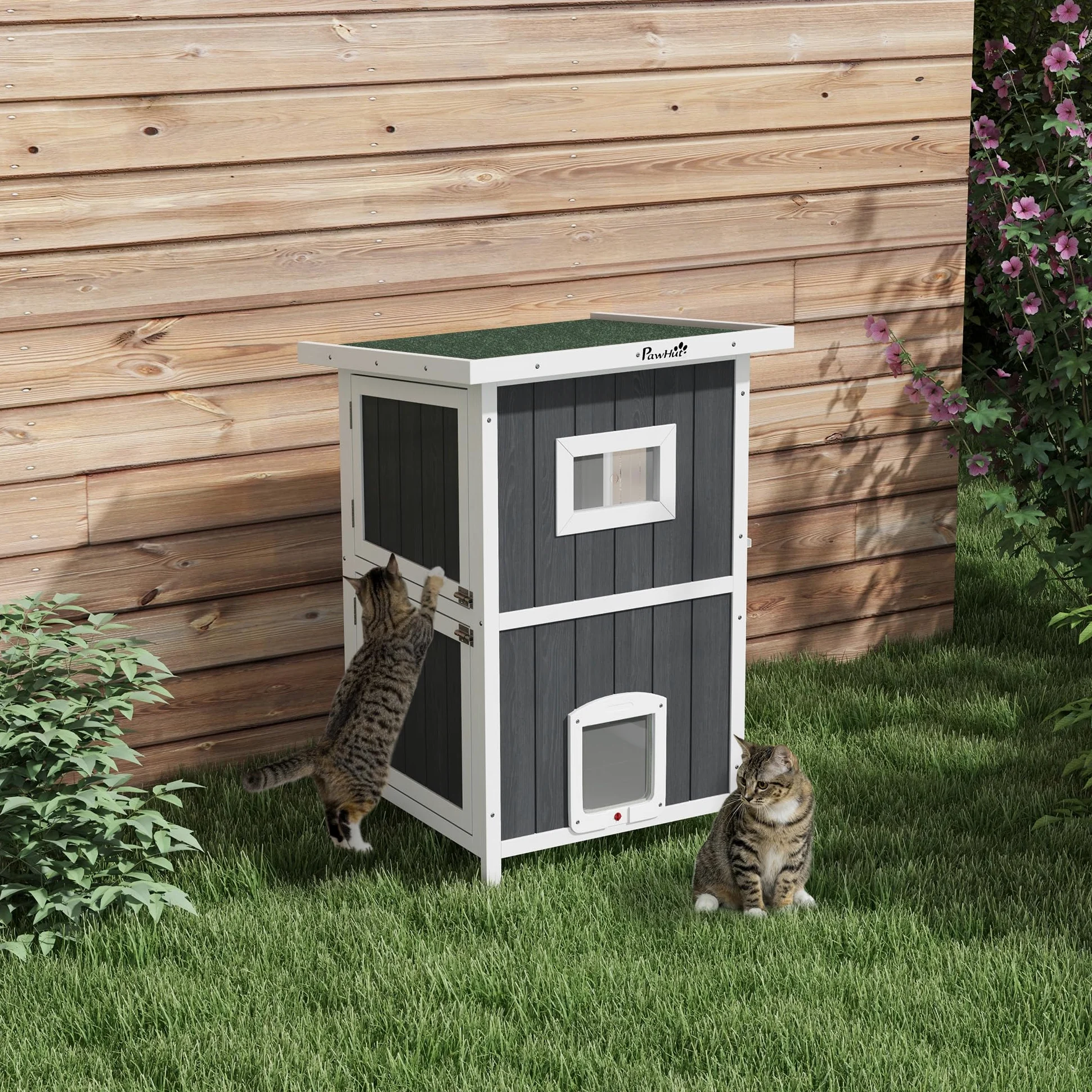 PawHut Cuccia Gatto Esterno in Legno di Abete a 2 Piani, Casetta per Gatti da Esterno con Tetto Apribile e Impermeabile, 60x60x90.5cm